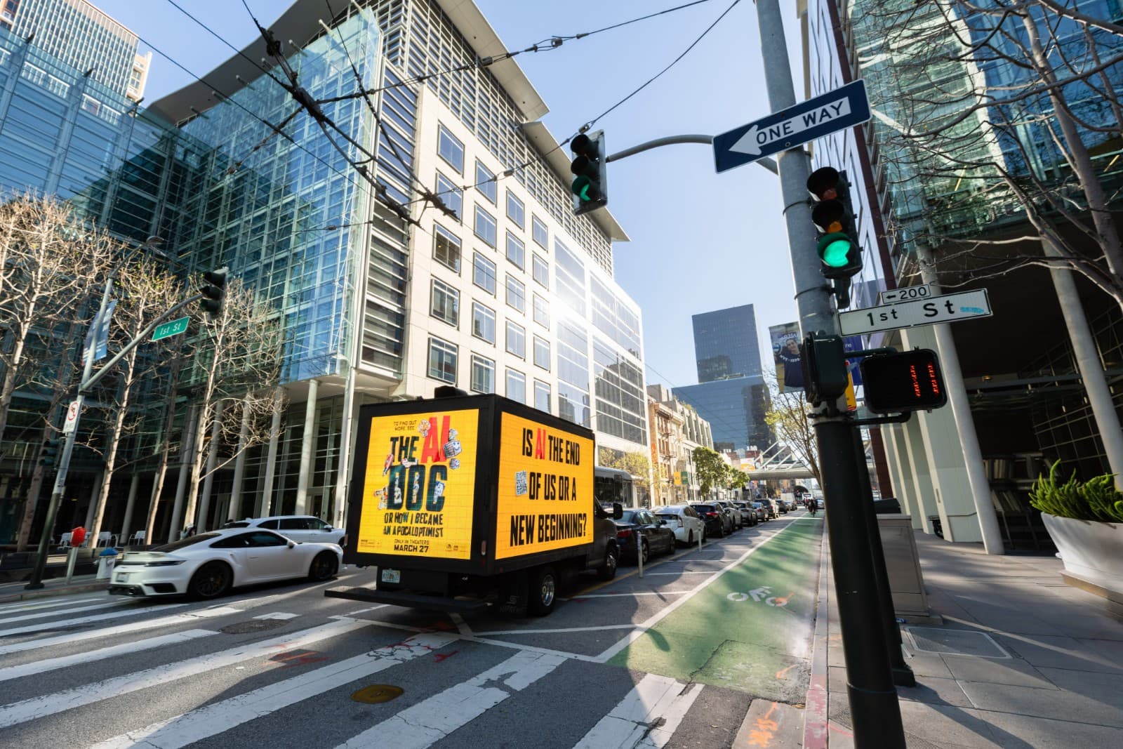The AI Doc Apocaloptimist LED truck parked at Stanford University campus Palo Alto by JY Studio