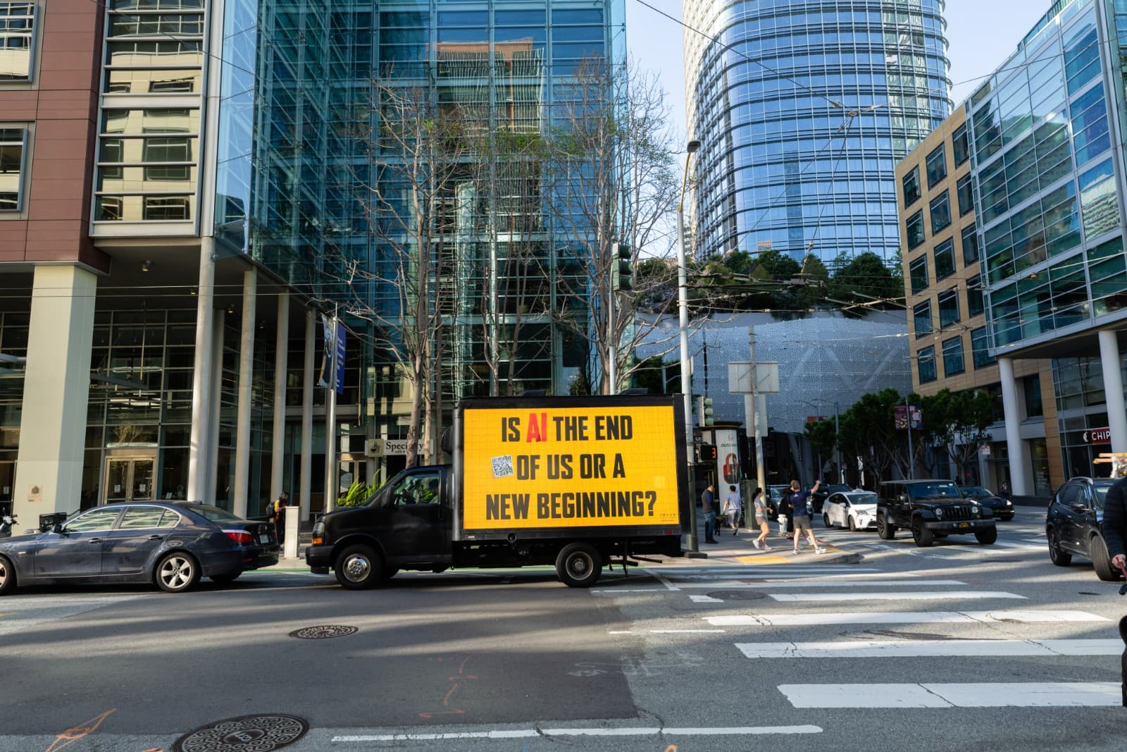 Close-up of AI Doc LED screen showing Will AI take our jobs question in San Francisco by JY Studio