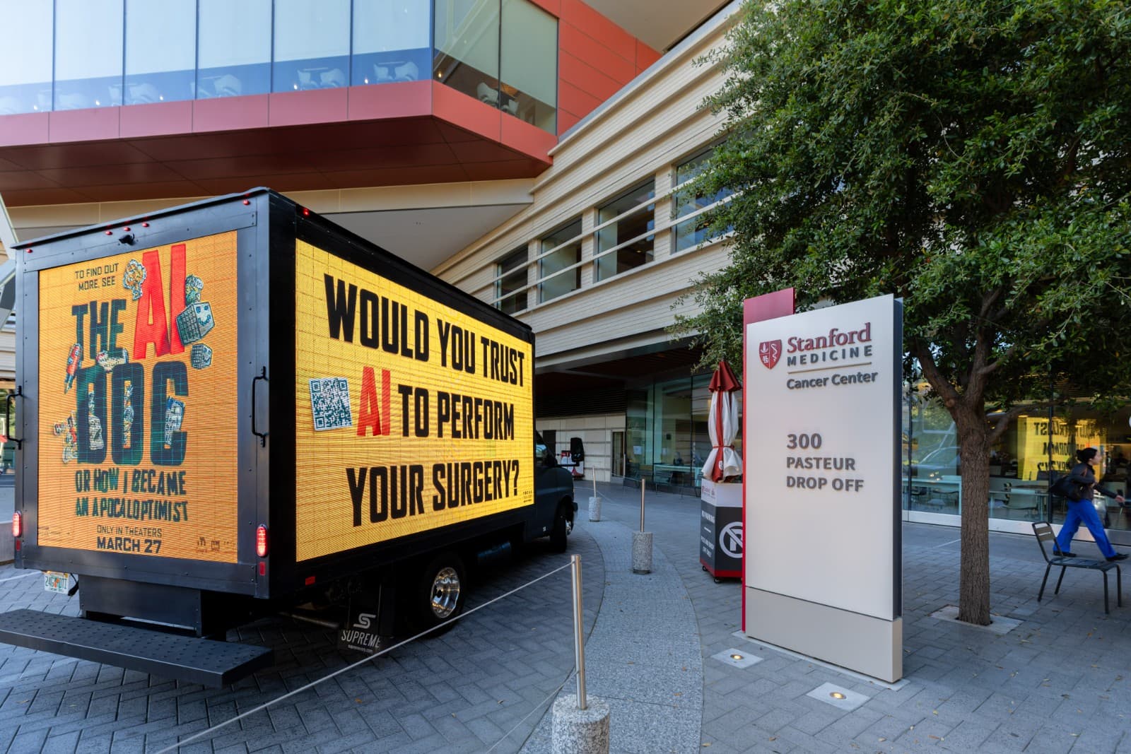 The AI Doc Apocaloptimist mobile billboard with provocative AI messaging in San Francisco by JY Studio