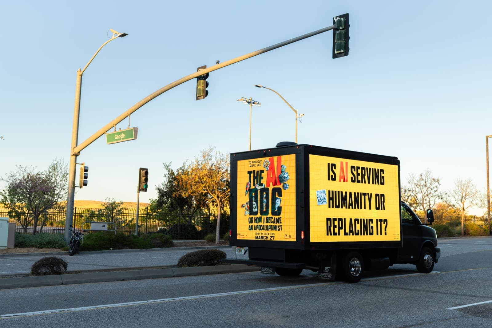 LED truck promoting The AI Doc documentary at Anthropic building San Francisco Bay Area by JY Studio
