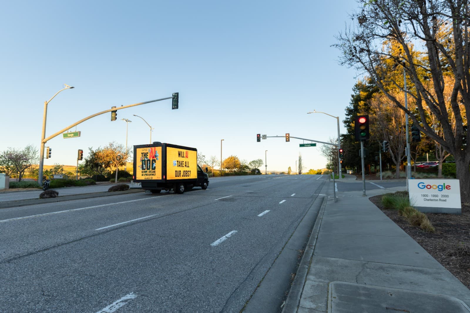 Focus Features AI Doc truck alongside Google campus signage in Mountain View Silicon Valley by JY Studio
