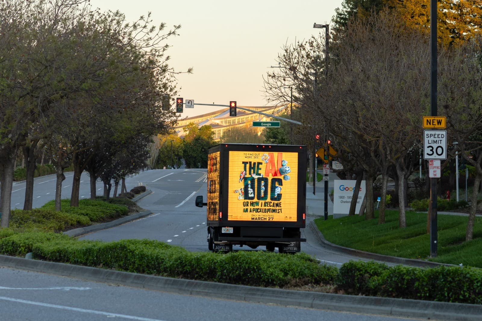 The AI Doc film LED truck screen detail showing AI future questions in San Francisco by JY Studio
