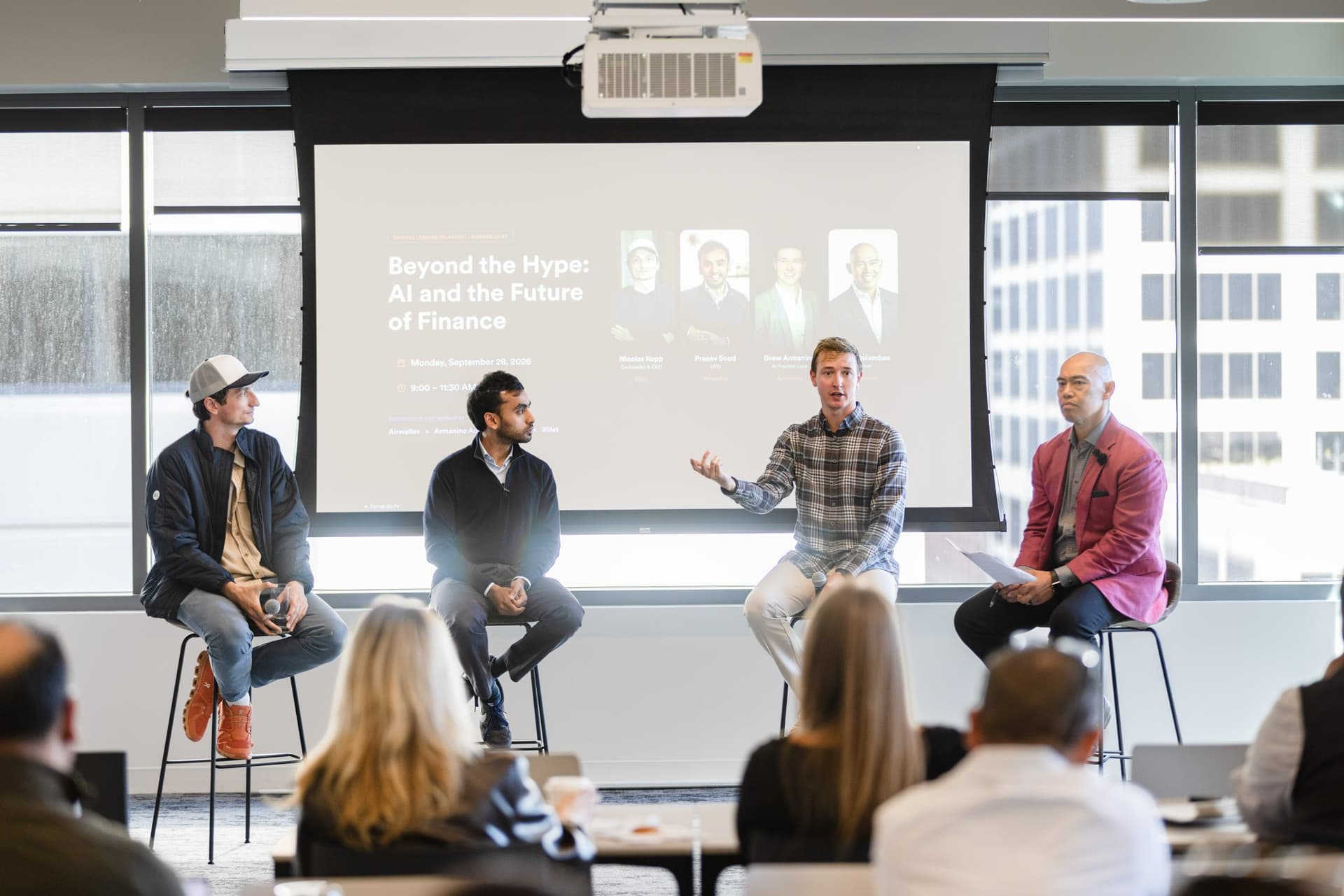 Drew Armanino, AI Practice Lead at Armanino, speaking to the audience at Airwallex's Beyond the Hype: AI and the Future of Finance breakfast fireside chat at the Airwallex San Francisco office by JY Studio