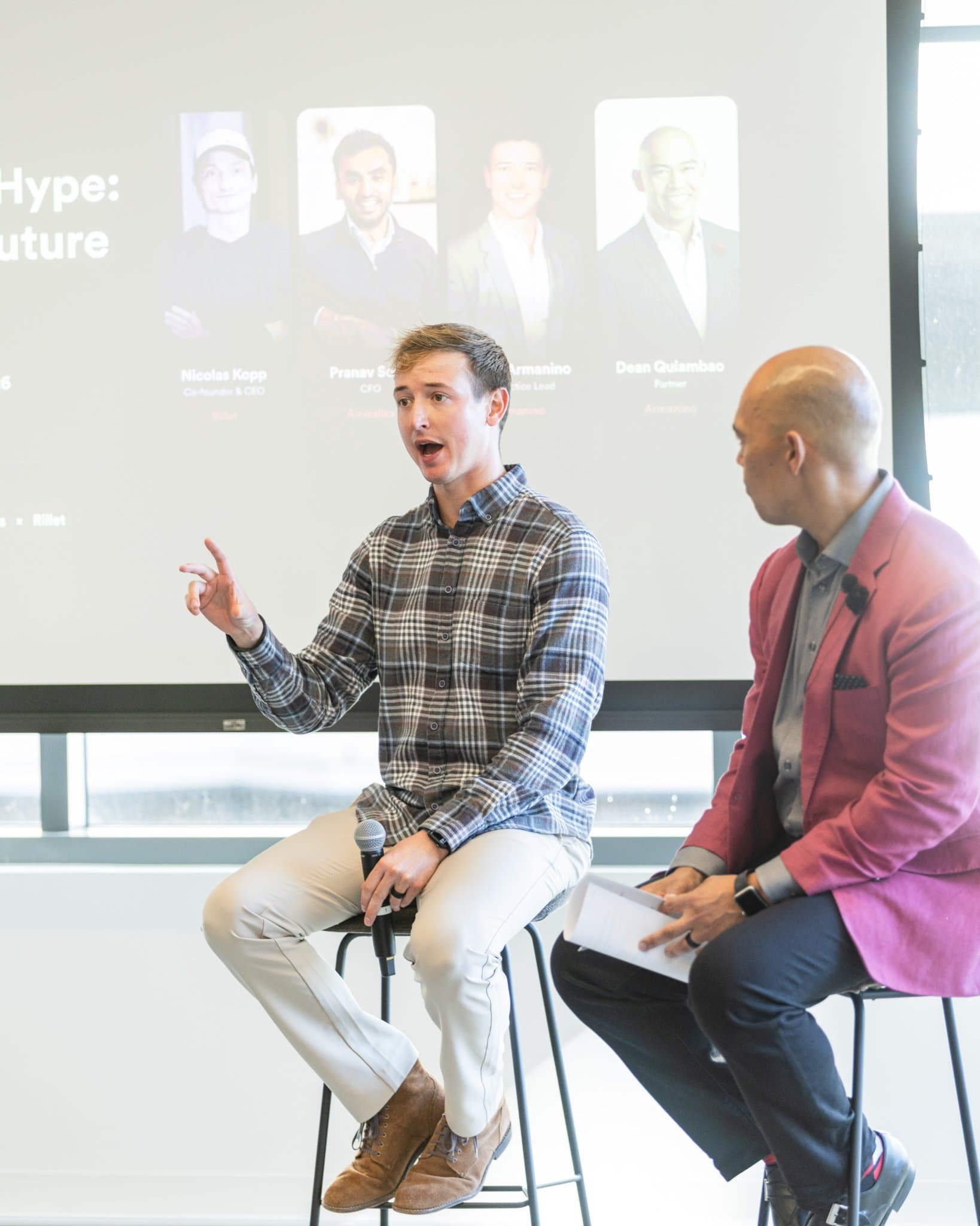 Drew Armanino, AI Practice Lead at Armanino, answering a question from moderator Dean Quiambao at Airwallex's Beyond the Hype: AI and the Future of Finance breakfast fireside chat at the Airwallex San Francisco office by JY Studio