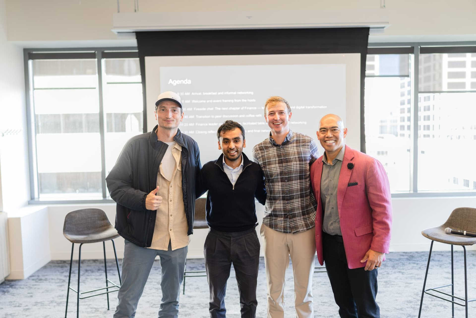 Speaker group photo of Nicolas Kopp, Pranav Sood, Drew Armanino, and Dean Quiambao at Airwallex's Beyond the Hype: AI and the Future of Finance breakfast fireside chat at the Airwallex San Francisco office by JY Studio