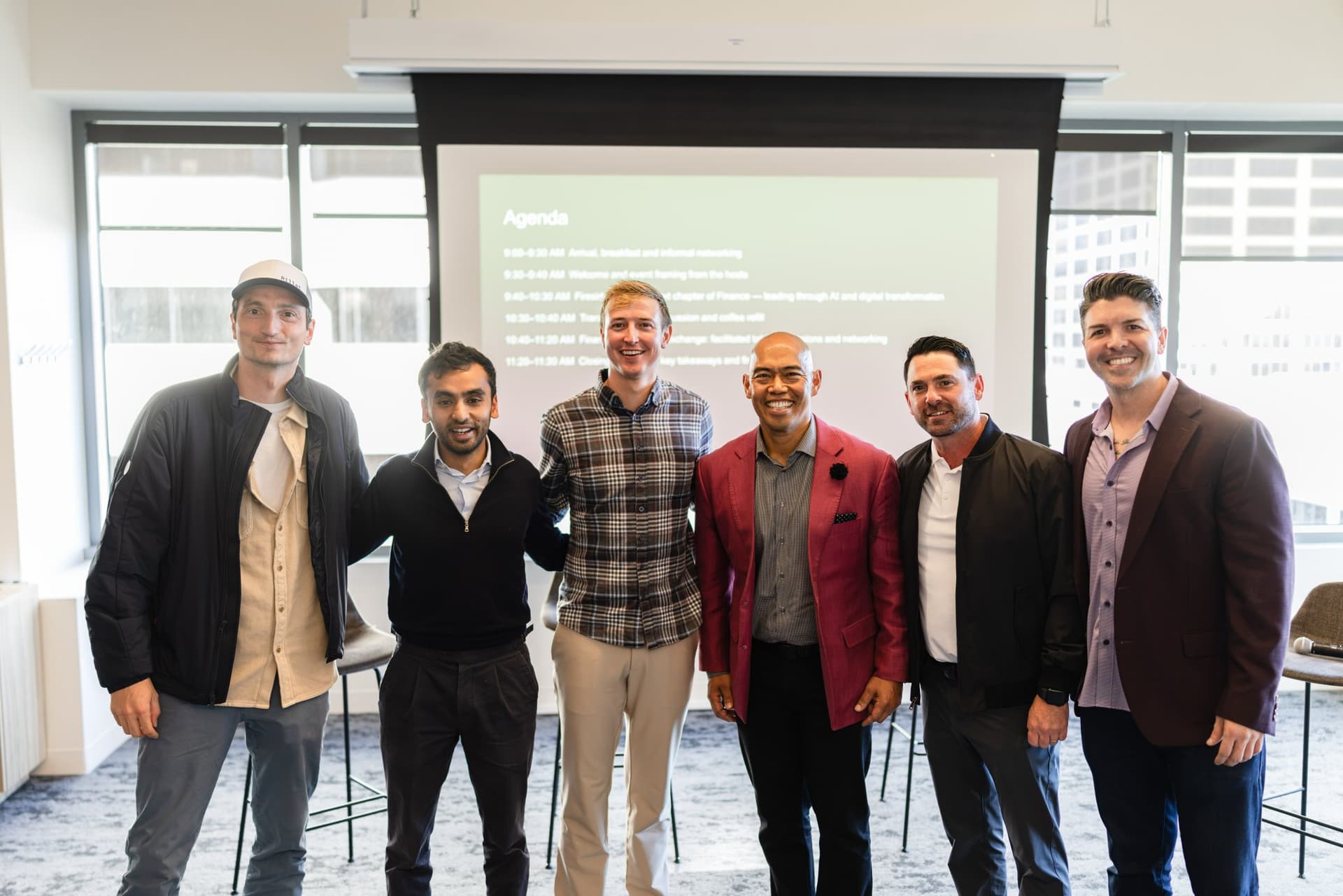 Speakers and hosts from Airwallex, Armanino, and Rillet in a group photo at Airwallex's Beyond the Hype: AI and the Future of Finance breakfast fireside chat at the Airwallex San Francisco office by JY Studio