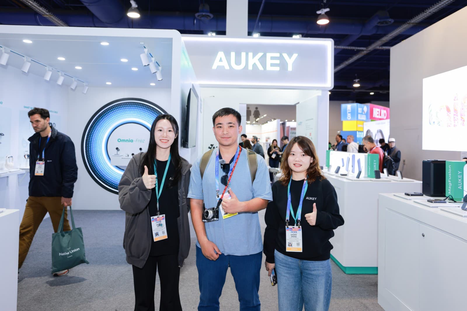 AUKEY consumer electronics product showcase and booth display at CES 2026 trade show in Las Vegas by JY Studio
