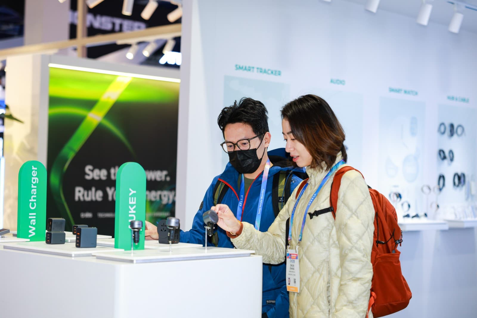 AUKEY tech accessories display and booth atmosphere at CES 2026 Las Vegas convention center by JY Studio