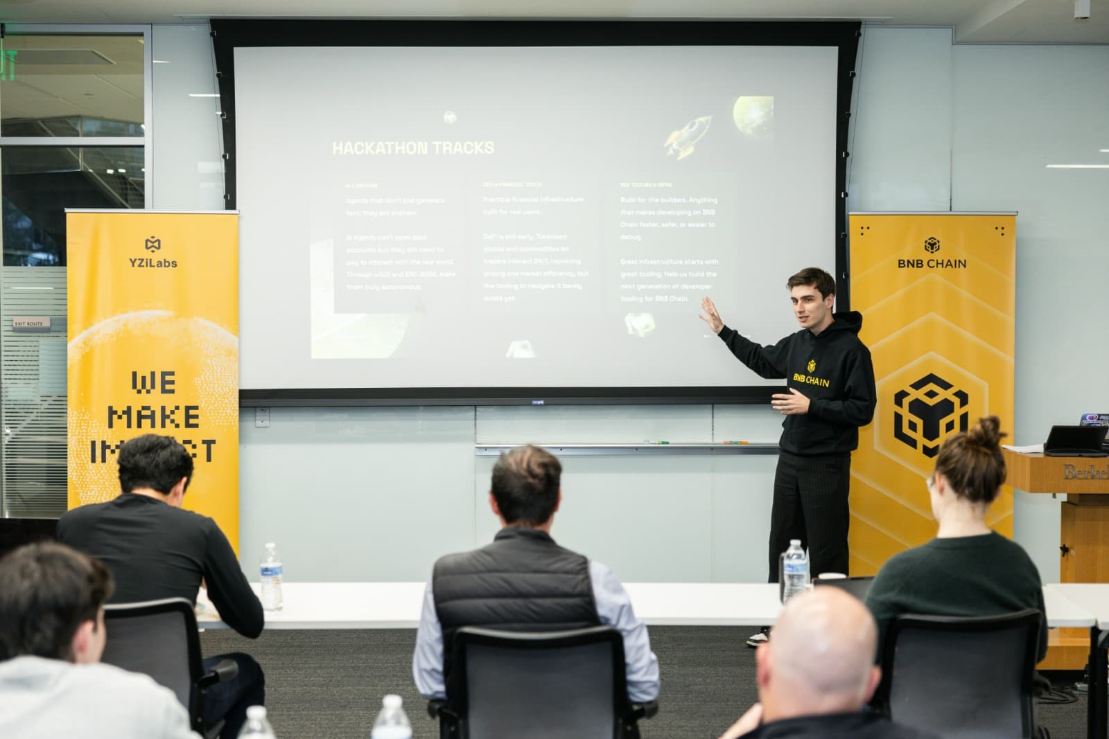 Wide angle shot of packed audience at Binance BNB Chain University Tour at UC Berkeley by JY Studio