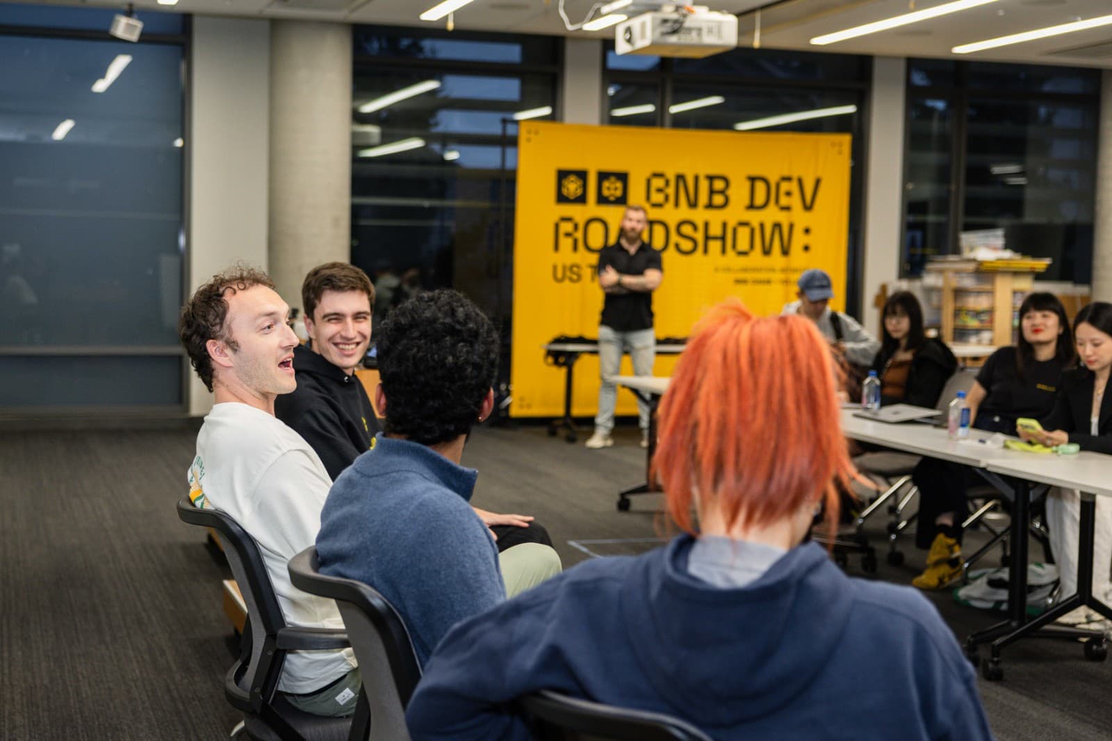 BNB Chain executive delivering opening remarks at UC Berkeley blockchain event by JY Studio