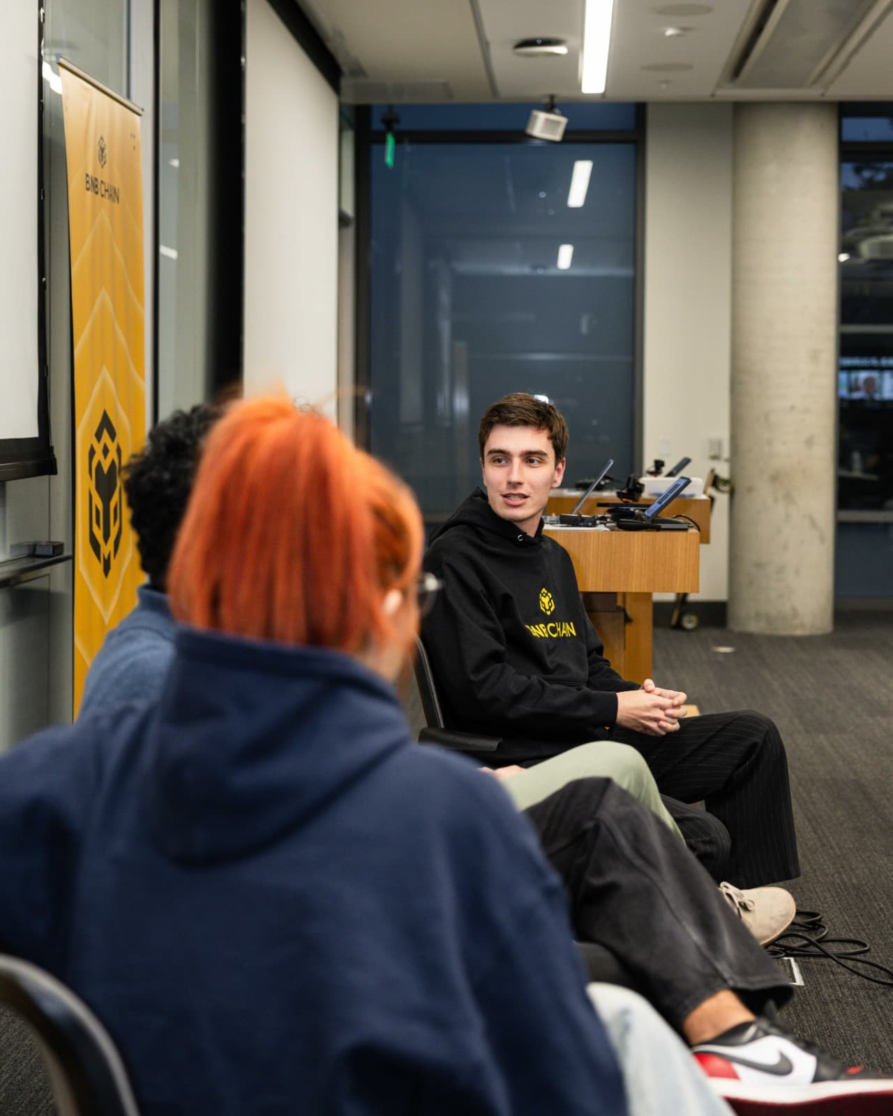 Students engaging with Web3 demo at BNB Chain University Tour at UC Berkeley by JY Studio