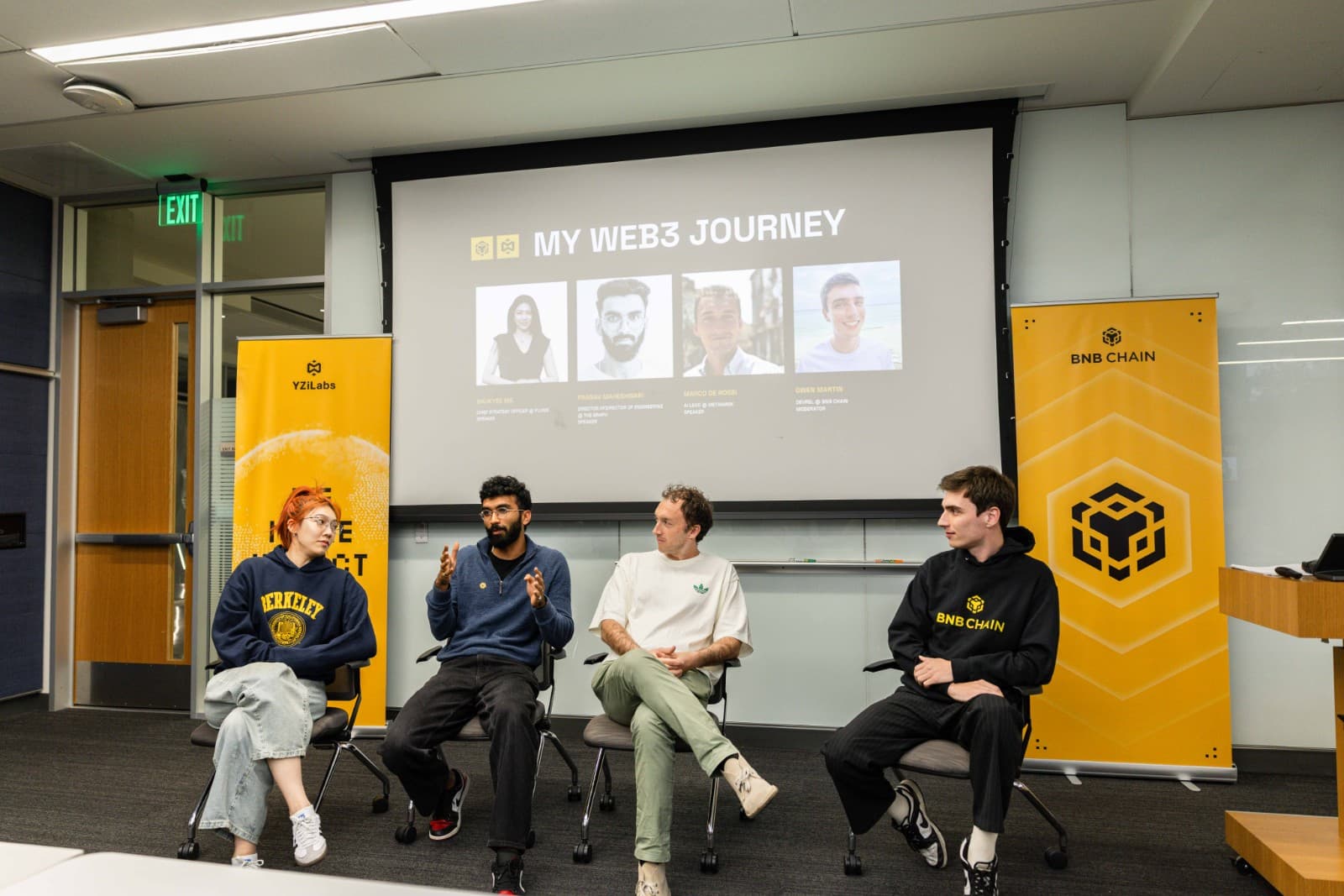Panel discussion on crypto and decentralized finance at BNB Chain event at UC Berkeley campus by JY Studio