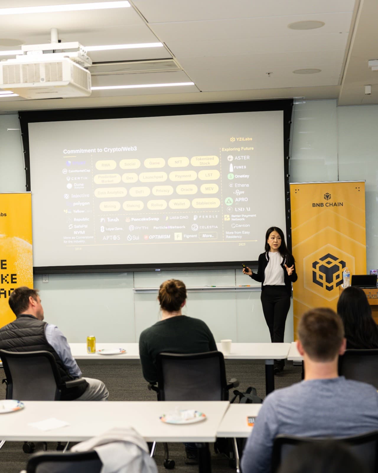 Binance BNB Chain branded event setup and signage at UC Berkeley venue by JY Studio
