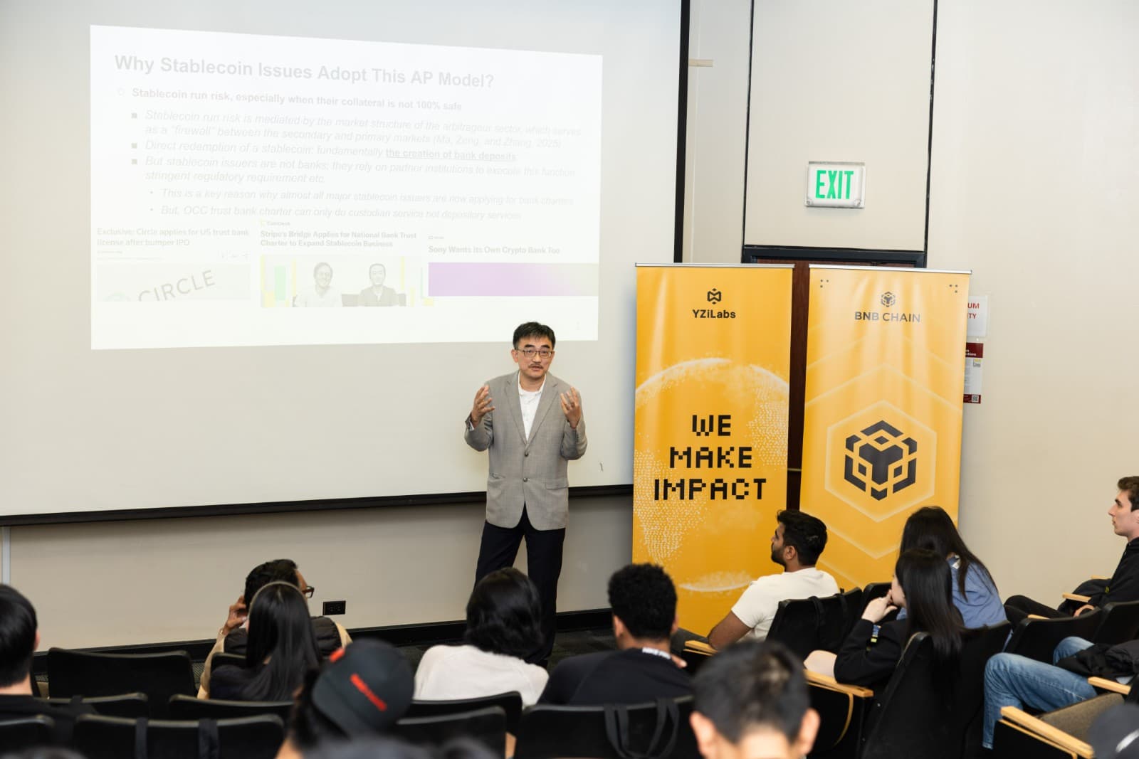 Panel discussion on crypto and Web3 adoption with industry leaders at BNB Chain Stanford event by JY Studio