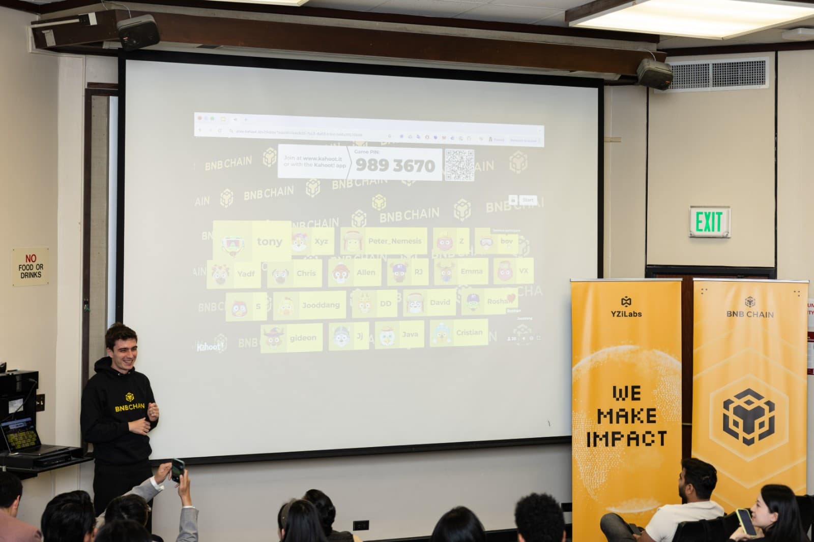 Developer presenting dApp project at BNB Chain University Tour at Stanford by JY Studio
