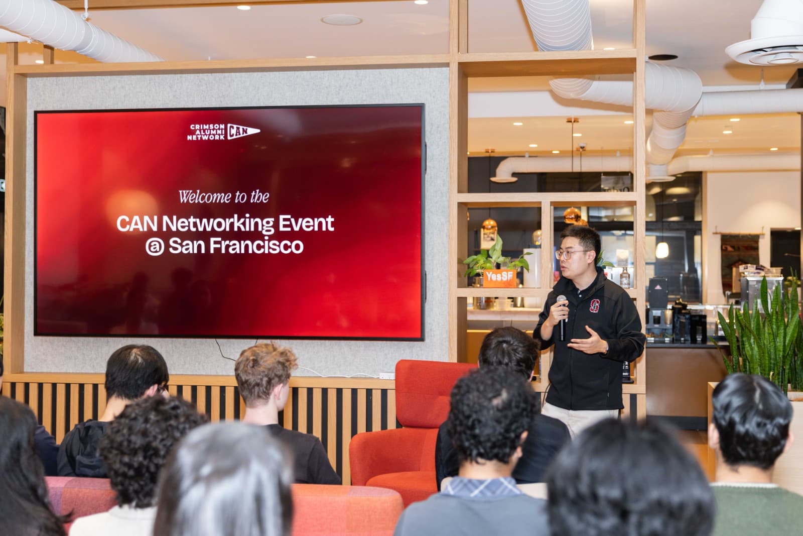 Dynamic networking interactions at Crimson Alumni Network event in San Francisco by JY Studio