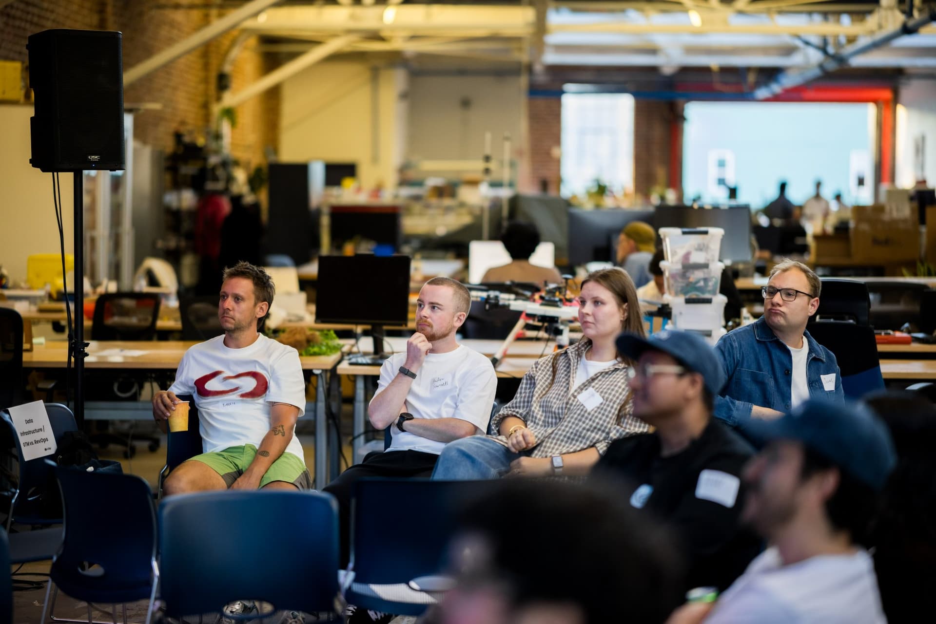 Audience listening during the Clay community presentation at Clay's Breaking the Mold community networking event during SF Tech Week 2026 in San Francisco by JY Studio