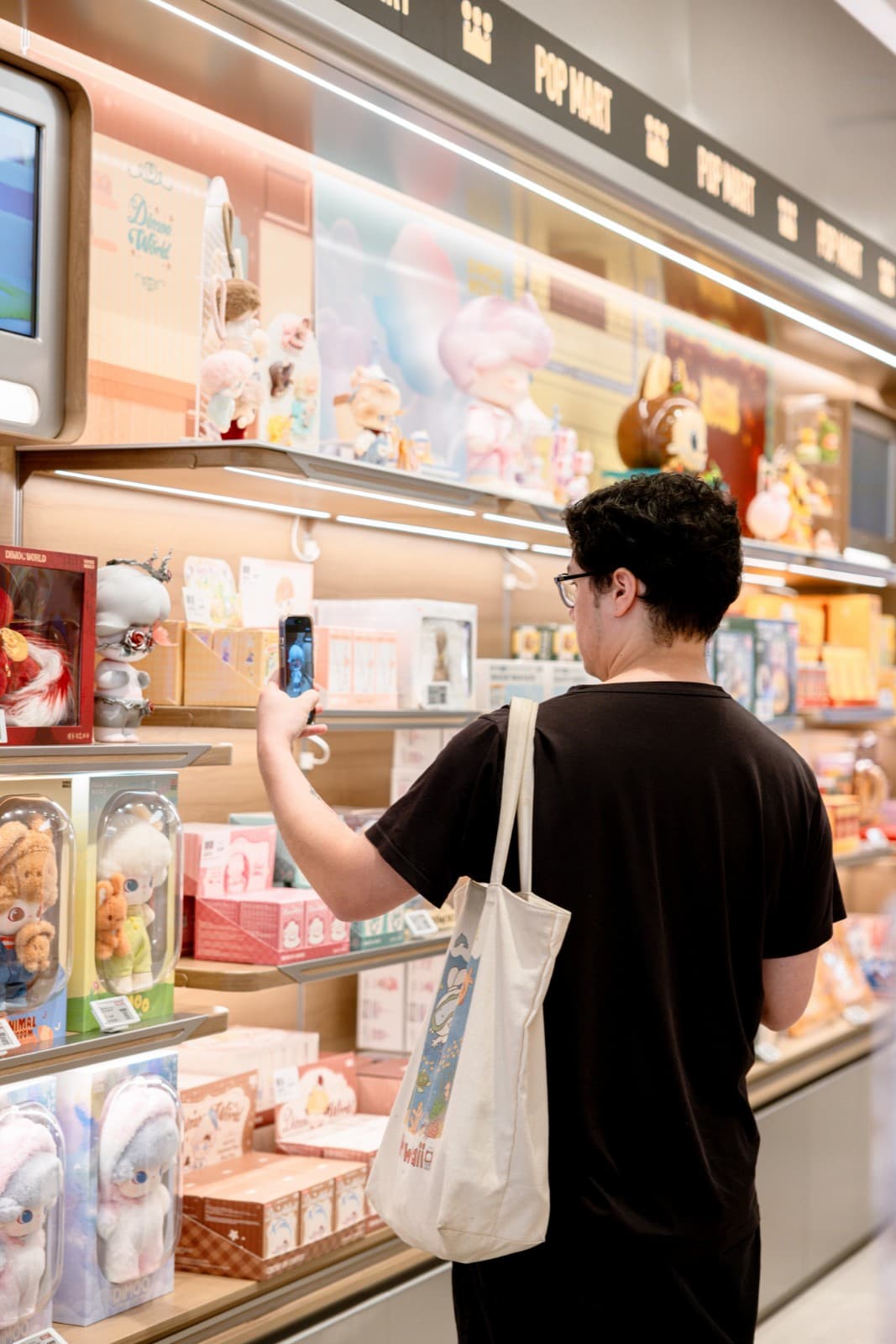 Pop Mart checkout line and customer purchases at Hillsdale Mall grand opening San Mateo by JY Studio