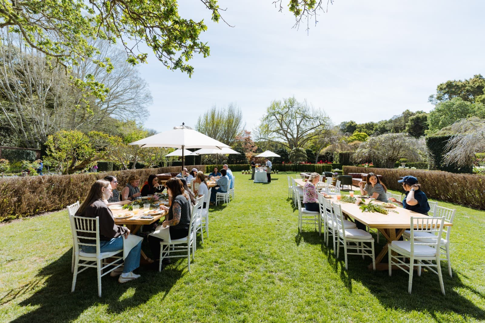 Zapier team candid conversation at Filoli courtyard during Outpost offsite by JY Studio