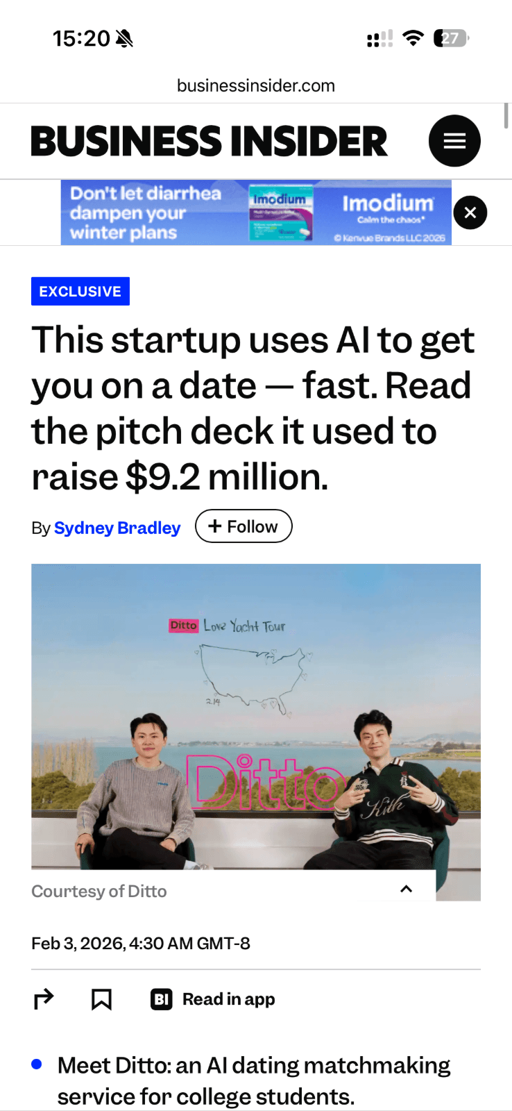 Business Insider coverage of Ditto AI seed round featuring JY Studio corporate headshots