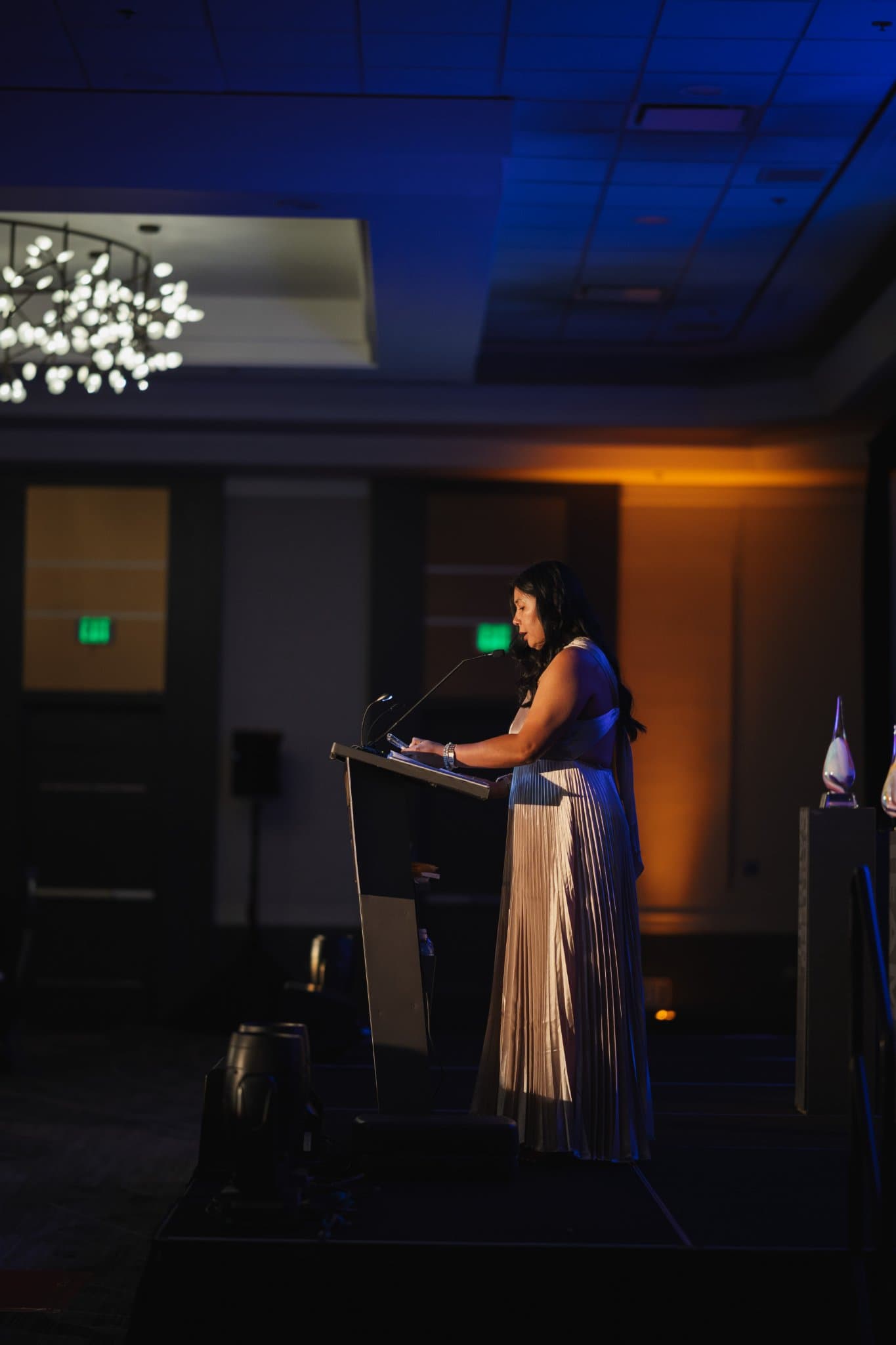 Honoree in a pleated gown speaking at the podium in the darkened ballroom at Admin Awards 2026 at SFO Marriott Waterfront, Burlingame by JY Studio