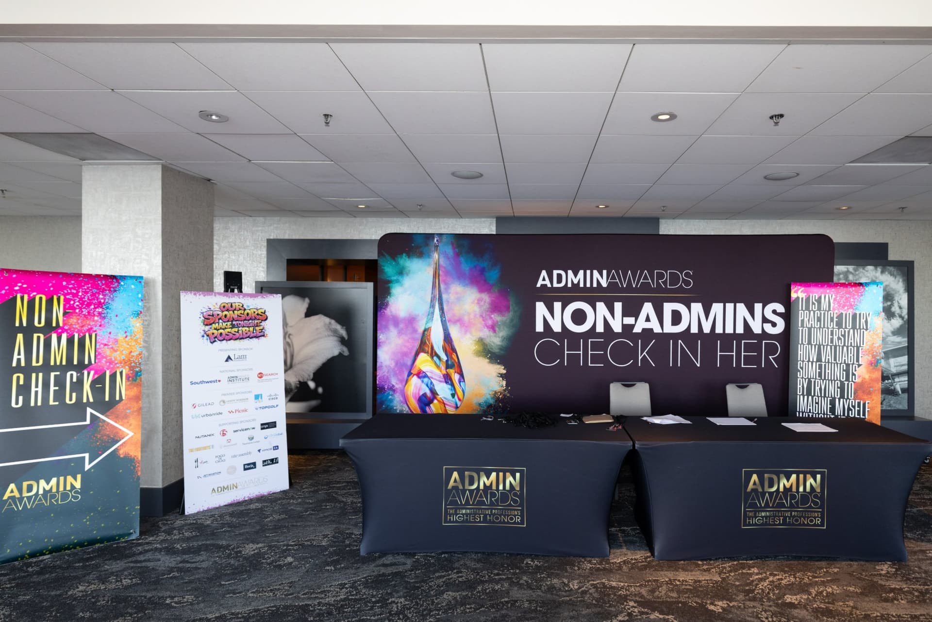 Admin Awards check-in desk and sponsor board in the hotel pre-function area at Admin Awards 2026 at SFO Marriott Waterfront, Burlingame by JY Studio