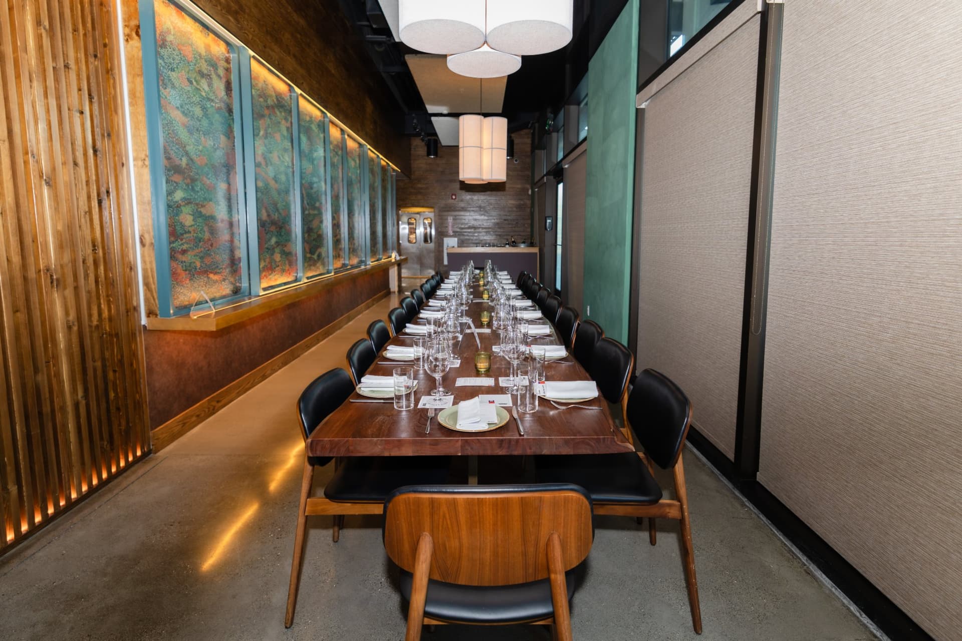Private dining room with a long table set for the executive dinner at the Business Insider AI Insider executive dinner The Great Coding Reset during SF Tech Week 2026 in San Francisco by JY Studio