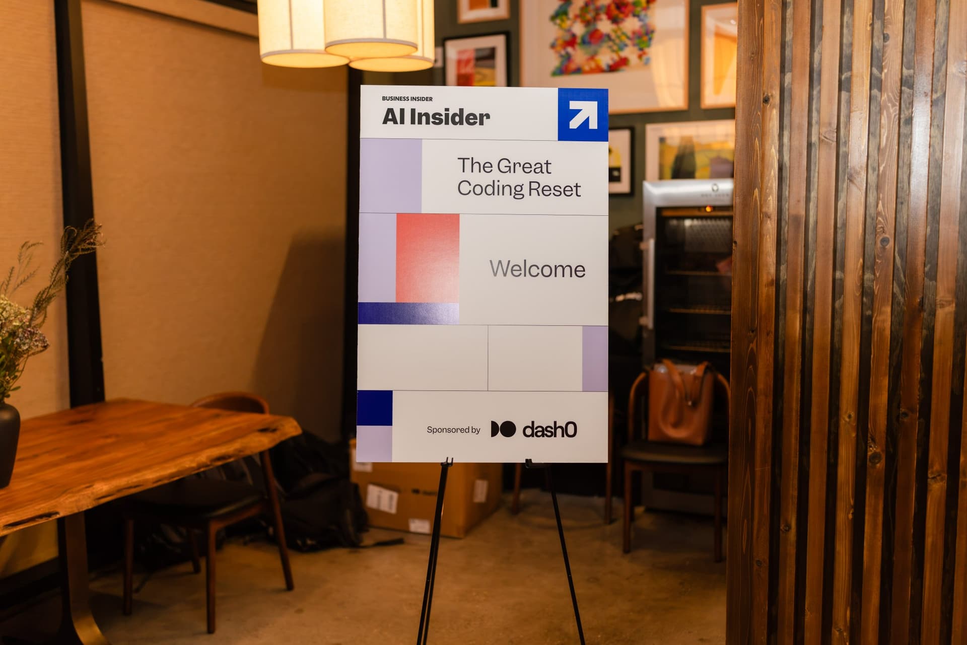 AI Insider welcome sign beside the private dining room at the Business Insider AI Insider executive dinner The Great Coding Reset during SF Tech Week 2026 in San Francisco by JY Studio