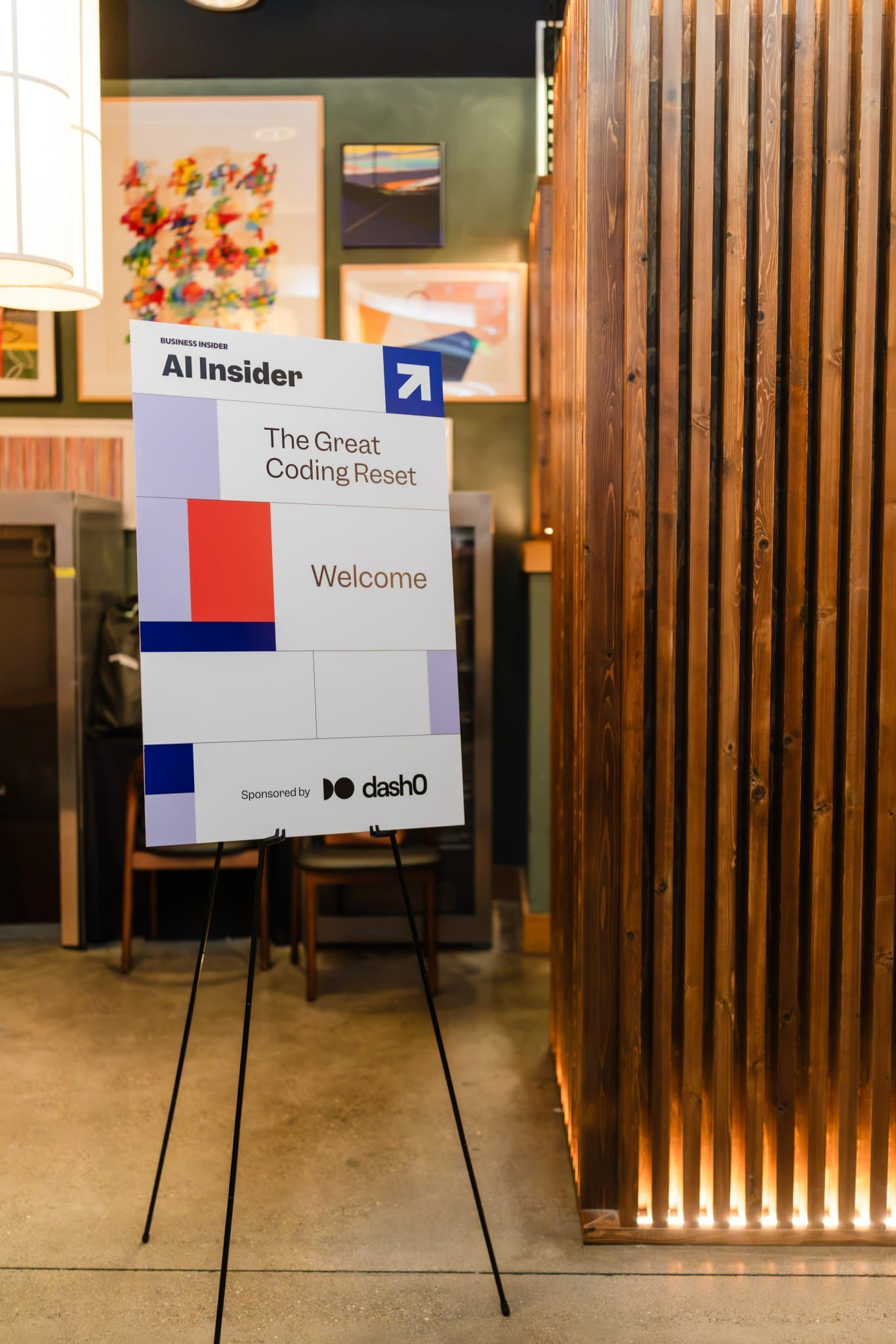 AI Insider The Great Coding Reset welcome sign sponsored by Dash0 at the Business Insider AI Insider executive dinner The Great Coding Reset during SF Tech Week 2026 in San Francisco by JY Studio