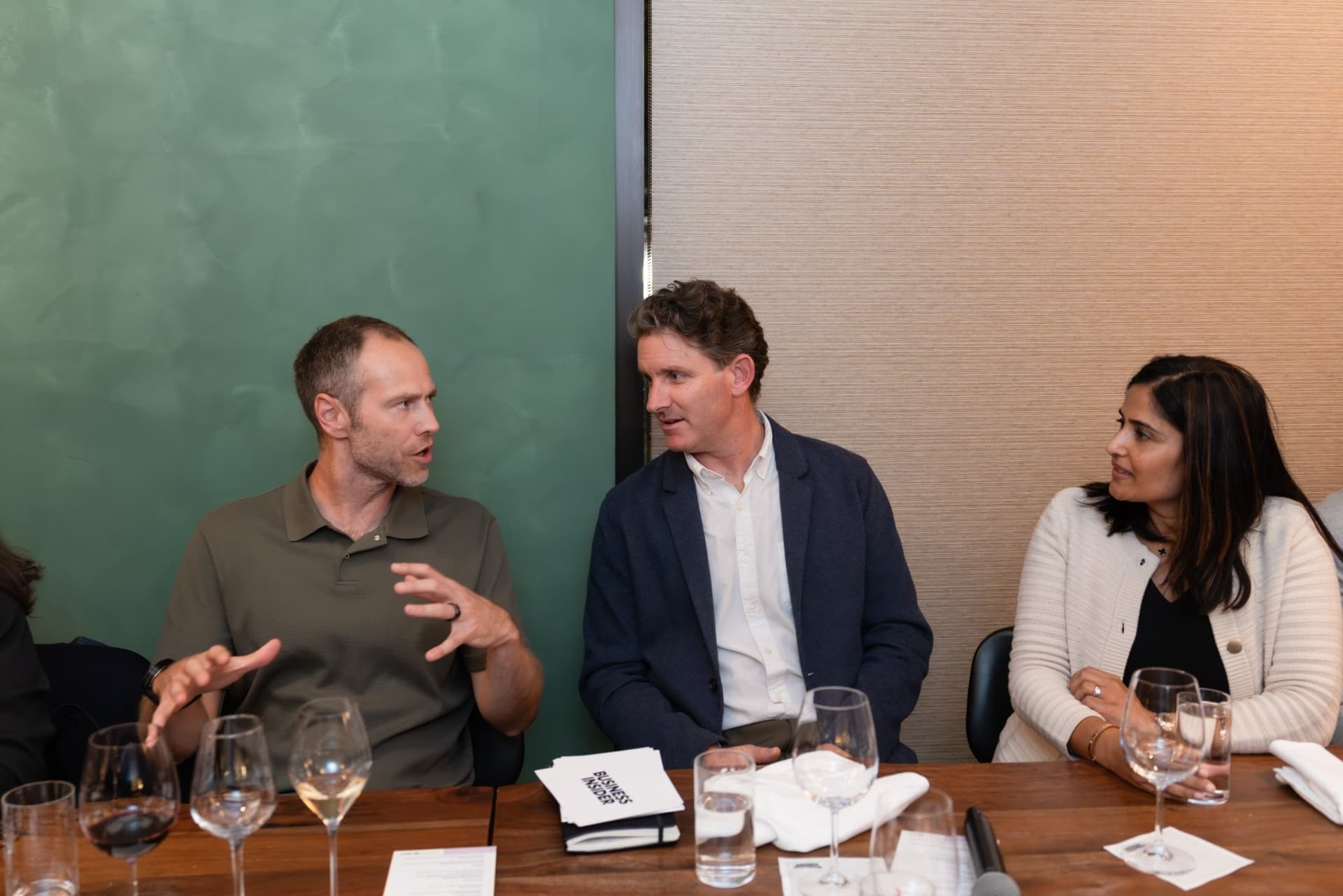 Three executives in conversation at the table at the Business Insider AI Insider executive dinner The Great Coding Reset during SF Tech Week 2026 in San Francisco by JY Studio