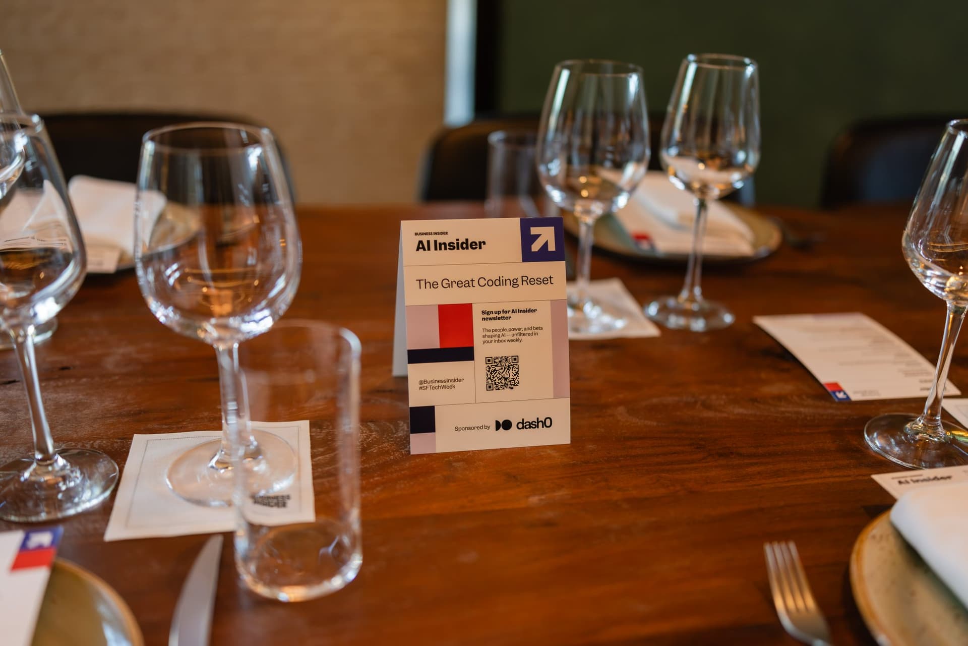 AI Insider table tent for The Great Coding Reset with Dash0 sponsorship and #SFTechWeek at the Business Insider AI Insider executive dinner The Great Coding Reset during SF Tech Week 2026 in San Francisco by JY Studio