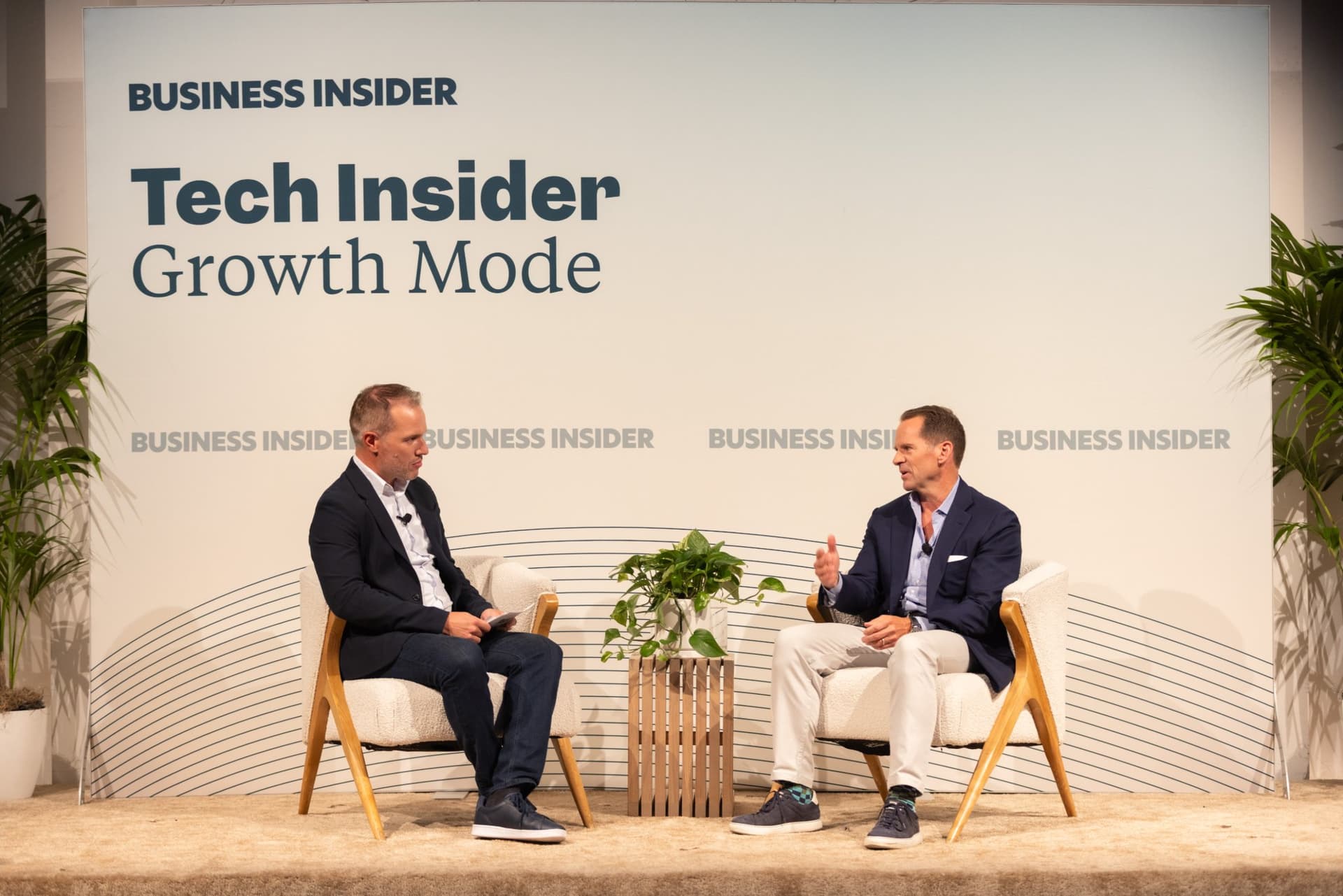 Business Insider chief correspondent Ben Bergman interviewing Menlo Ventures partner Matt Murphy on stage at Business Insider Tech Insider: Growth Mode at The Pearl SF during SF Tech Week 2026 in San Francisco by JY Studio