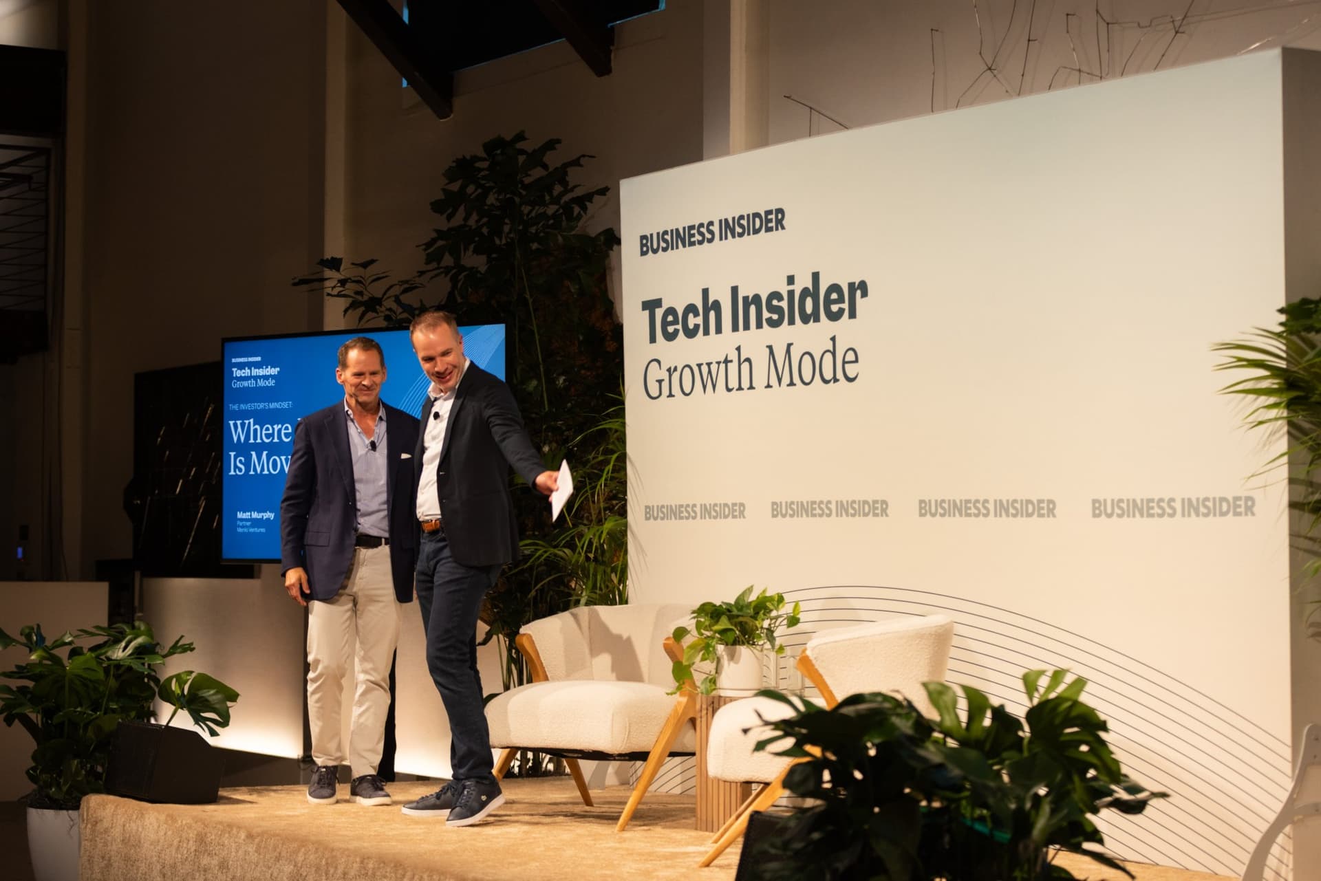 Ben Bergman welcoming Matt Murphy on stage for Where Money Is Moving Now at Business Insider Tech Insider: Growth Mode at The Pearl SF during SF Tech Week 2026 in San Francisco by JY Studio