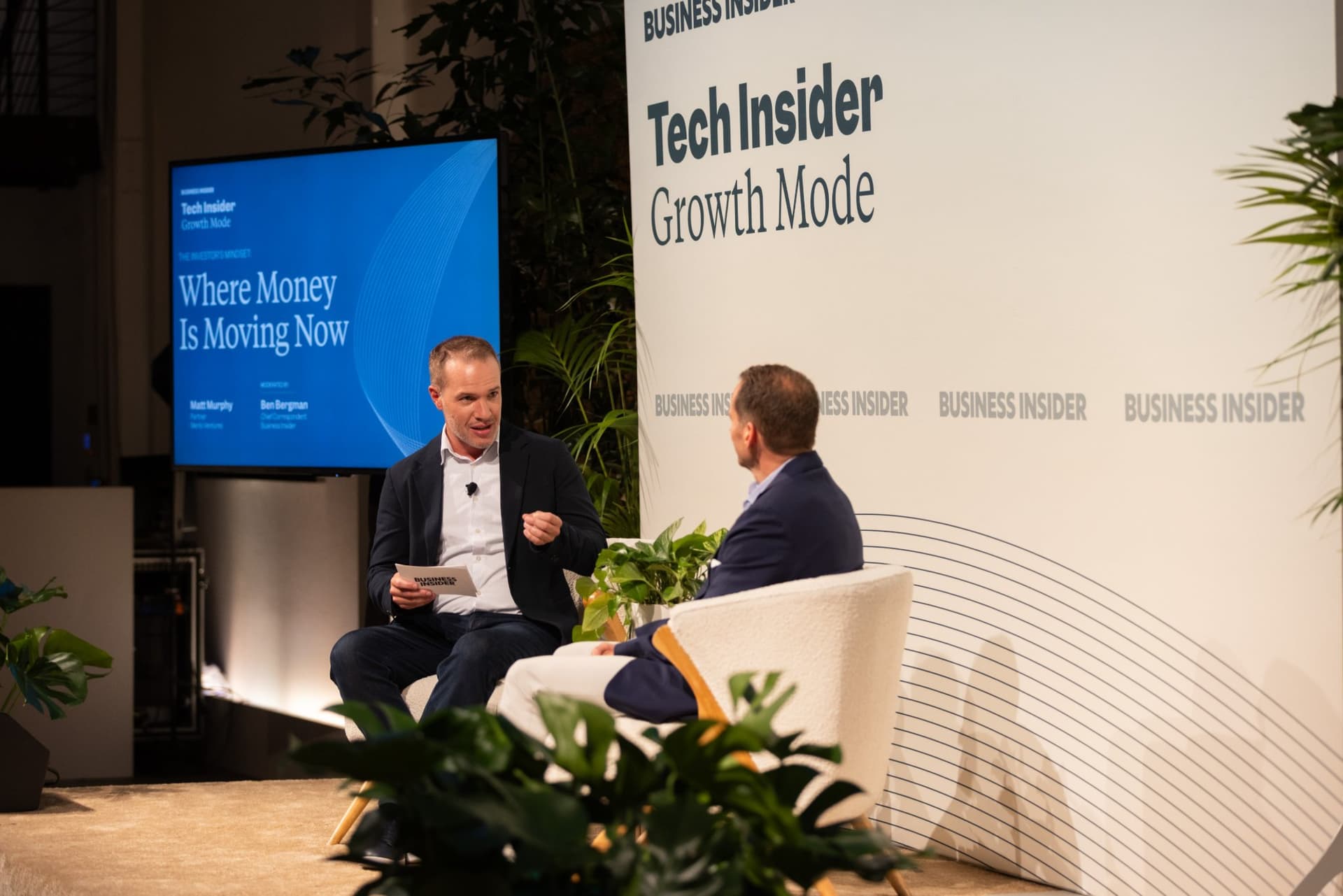 Ben Bergman asking Matt Murphy a question from his cue cards at Business Insider Tech Insider: Growth Mode at The Pearl SF during SF Tech Week 2026 in San Francisco by JY Studio
