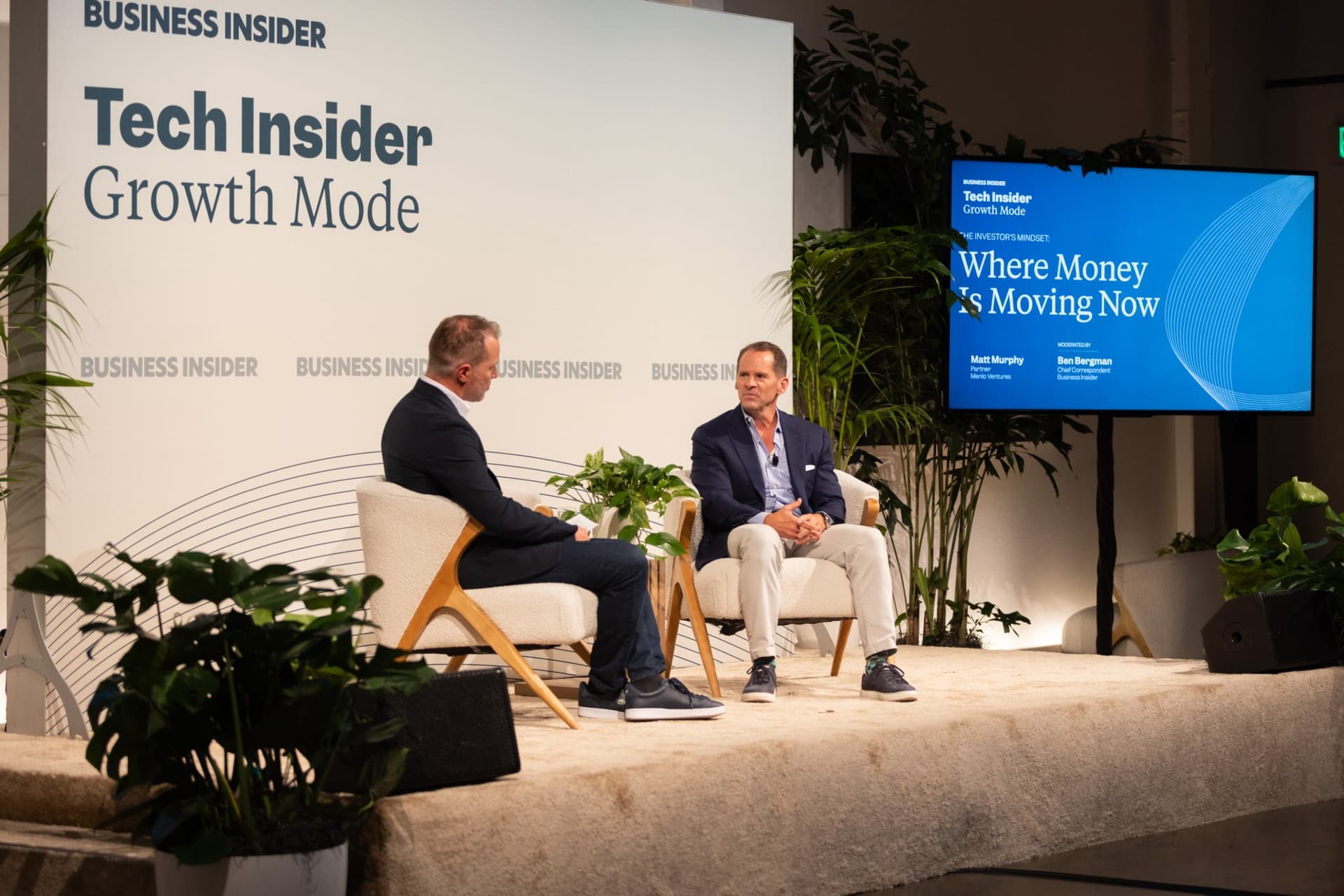Wide view of the Where Money Is Moving Now session on stage at Business Insider Tech Insider: Growth Mode at The Pearl SF during SF Tech Week 2026 in San Francisco by JY Studio