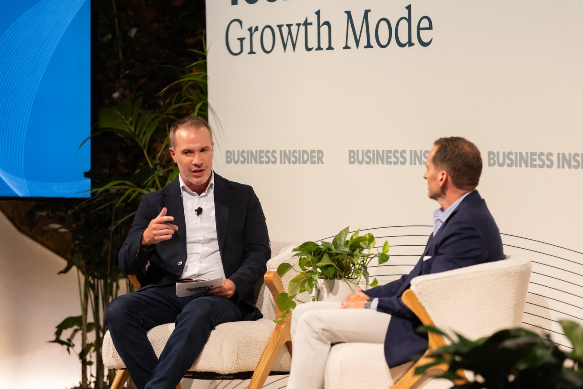 Ben Bergman gesturing as he asks Matt Murphy about Anthropic at Business Insider Tech Insider: Growth Mode at The Pearl SF during SF Tech Week 2026 in San Francisco by JY Studio