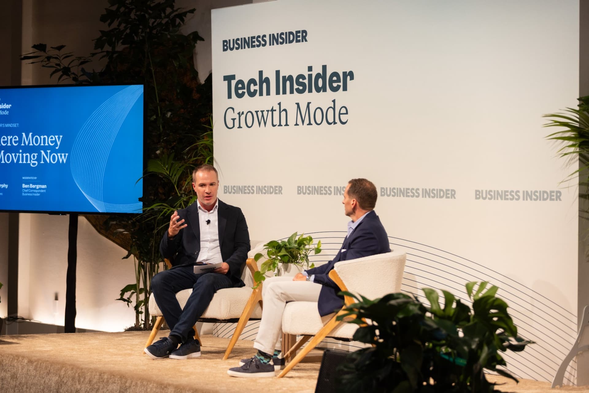Ben Bergman and Matt Murphy in conversation under the Tech Insider sign at Business Insider Tech Insider: Growth Mode at The Pearl SF during SF Tech Week 2026 in San Francisco by JY Studio