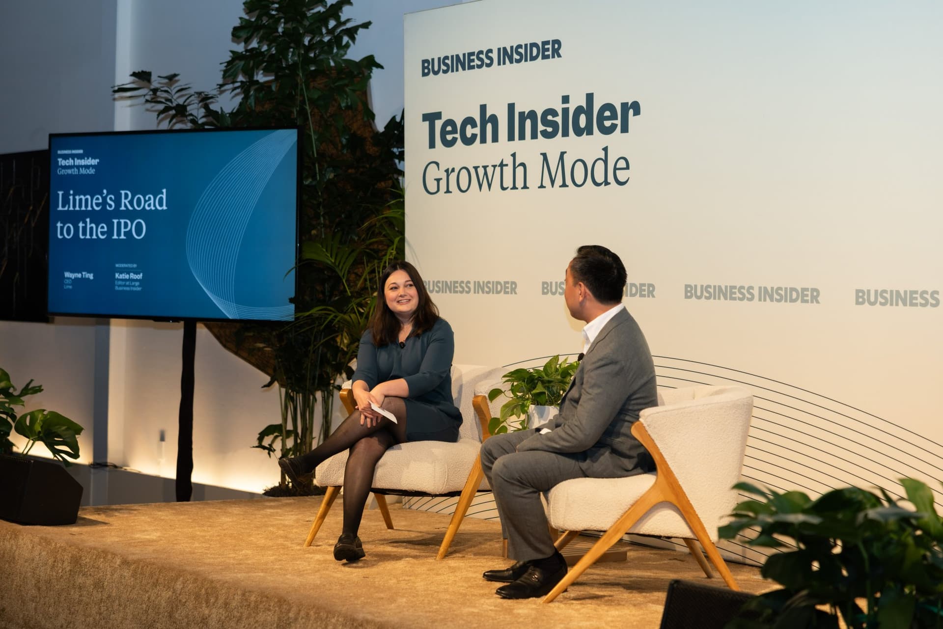 Business Insider's Katie Roof interviewing Lime CEO Wayne Ting on stage at Business Insider Tech Insider: Growth Mode at The Pearl SF during SF Tech Week 2026 in San Francisco by JY Studio