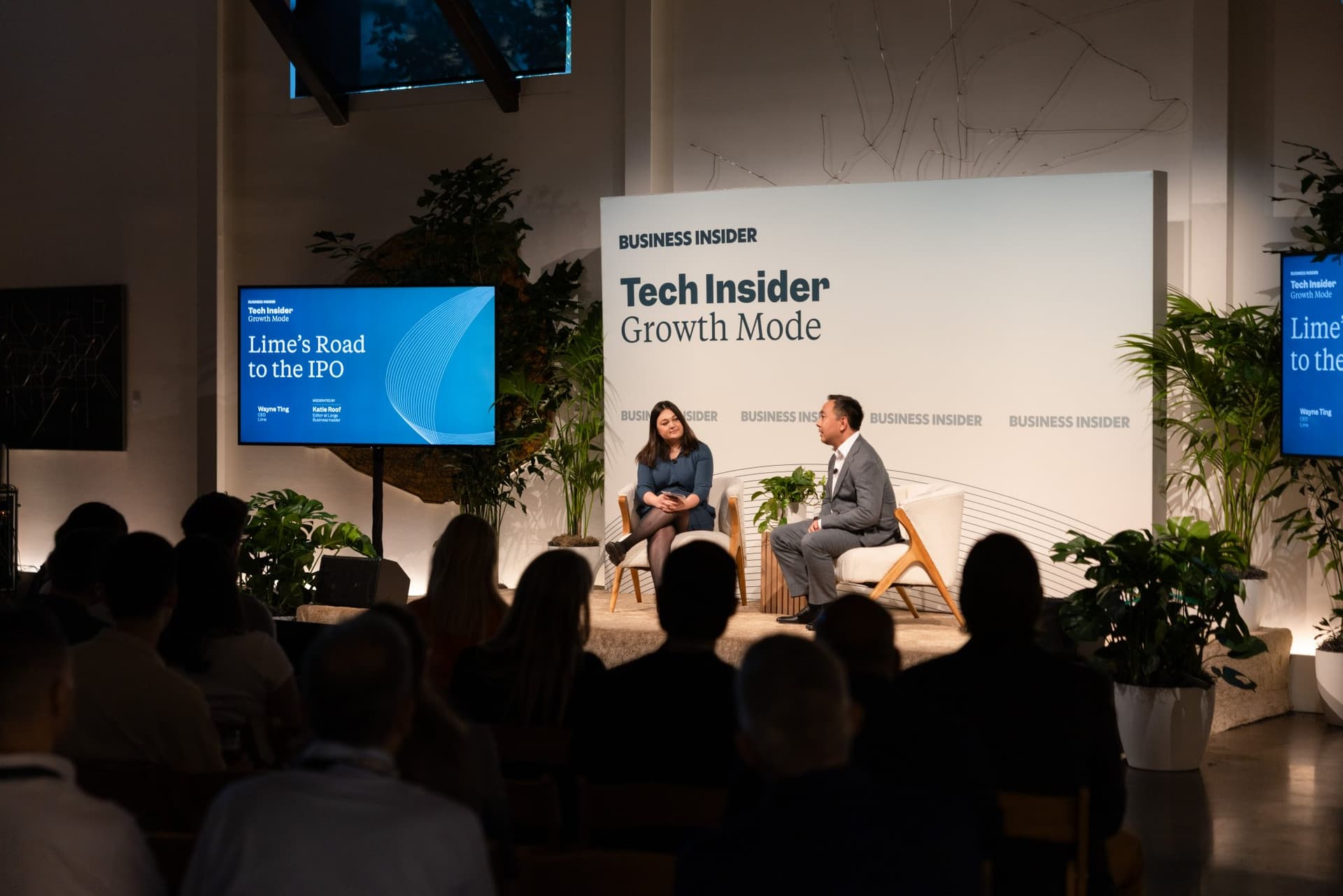 Audience watching Katie Roof and Wayne Ting discuss Lime's road to the IPO at Business Insider Tech Insider: Growth Mode at The Pearl SF during SF Tech Week 2026 in San Francisco by JY Studio