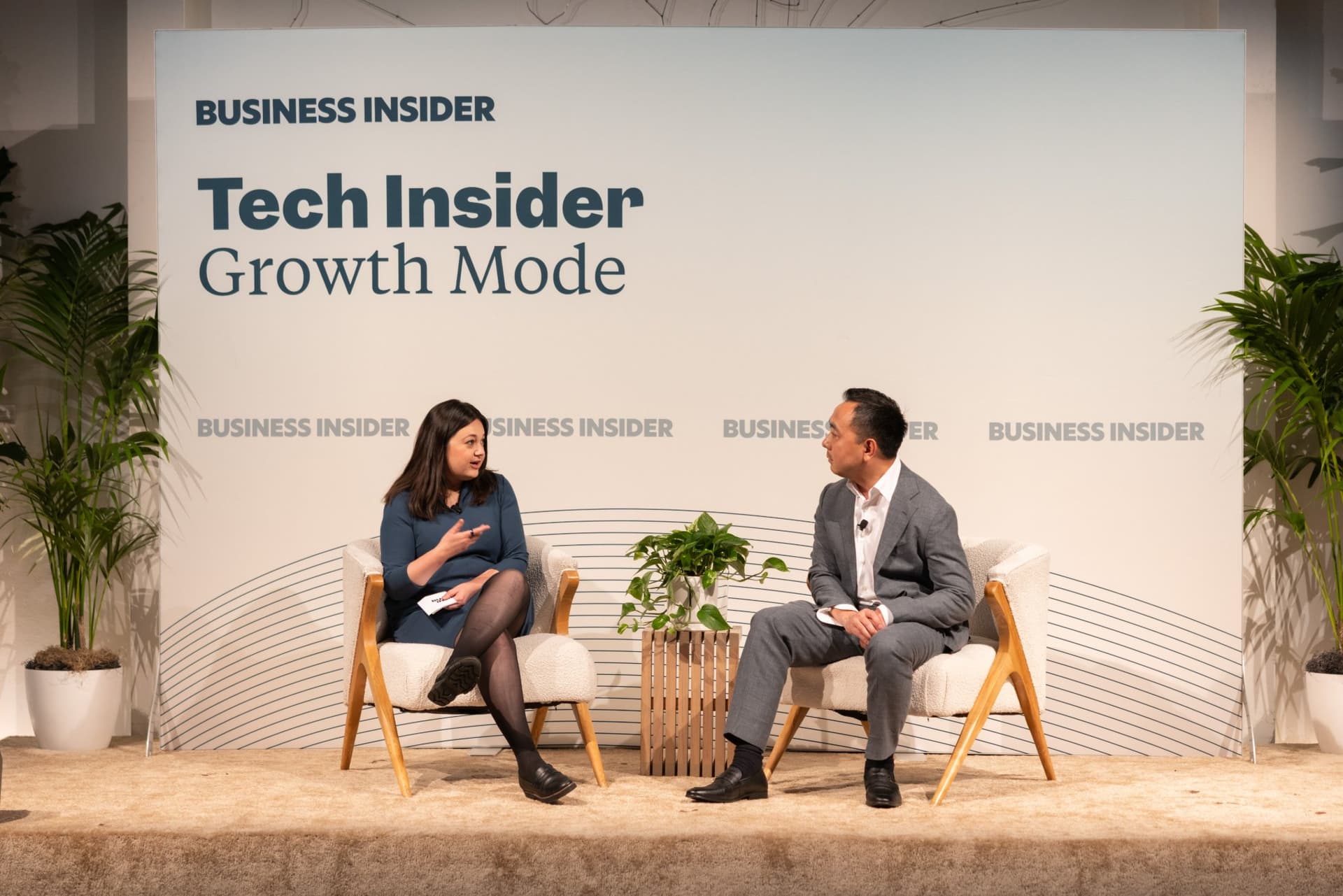 Katie Roof and Wayne Ting seated in front of the Tech Insider Growth Mode backdrop at Business Insider Tech Insider: Growth Mode at The Pearl SF during SF Tech Week 2026 in San Francisco by JY Studio