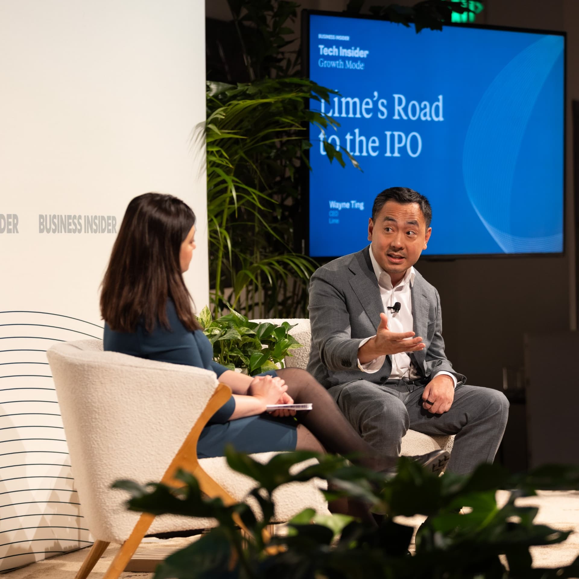 Lime CEO Wayne Ting speaking with Katie Roof at Business Insider Tech Insider: Growth Mode at The Pearl SF by JY Studio