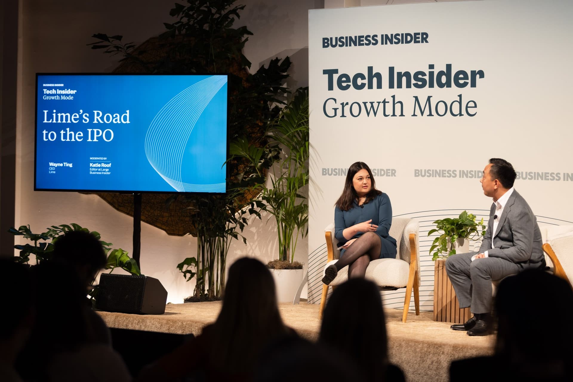 Katie Roof and Wayne Ting beside the Lime's Road to the IPO screen at Business Insider Tech Insider: Growth Mode at The Pearl SF during SF Tech Week 2026 in San Francisco by JY Studio