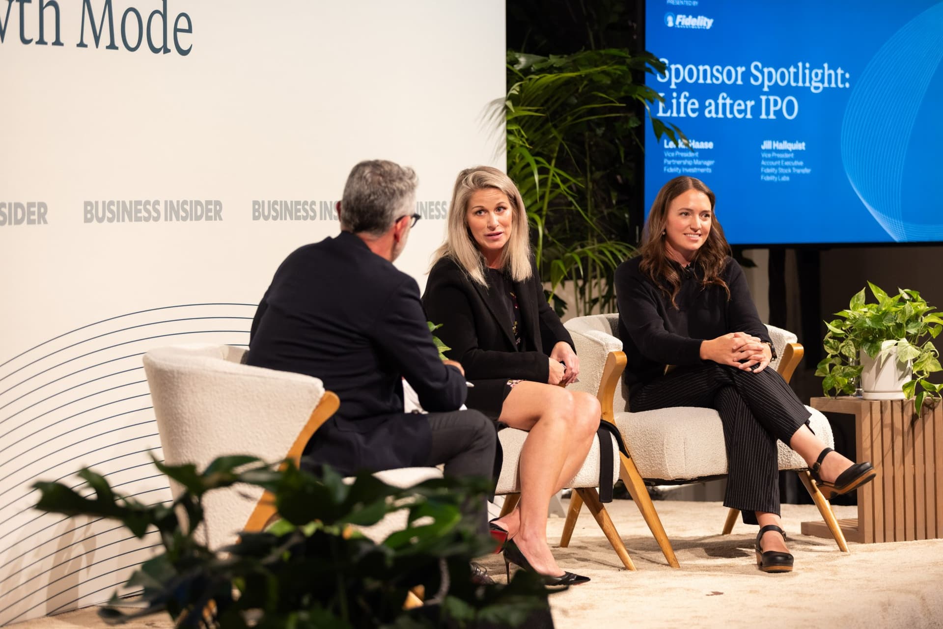 Adam Rogers, Lenka Haase, and Jill Hallquist seated on stage at Business Insider Tech Insider: Growth Mode at The Pearl SF during SF Tech Week 2026 in San Francisco by JY Studio