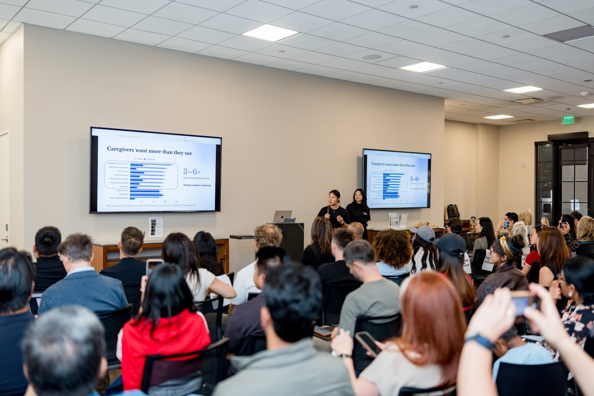 Audience watching the opening presentation on what caregivers want at Care at a Distance: AI, Sensors, Robotics and the Future of Aging, SF Tech Week 2026 at EVGR, Stanford University by JY Studio