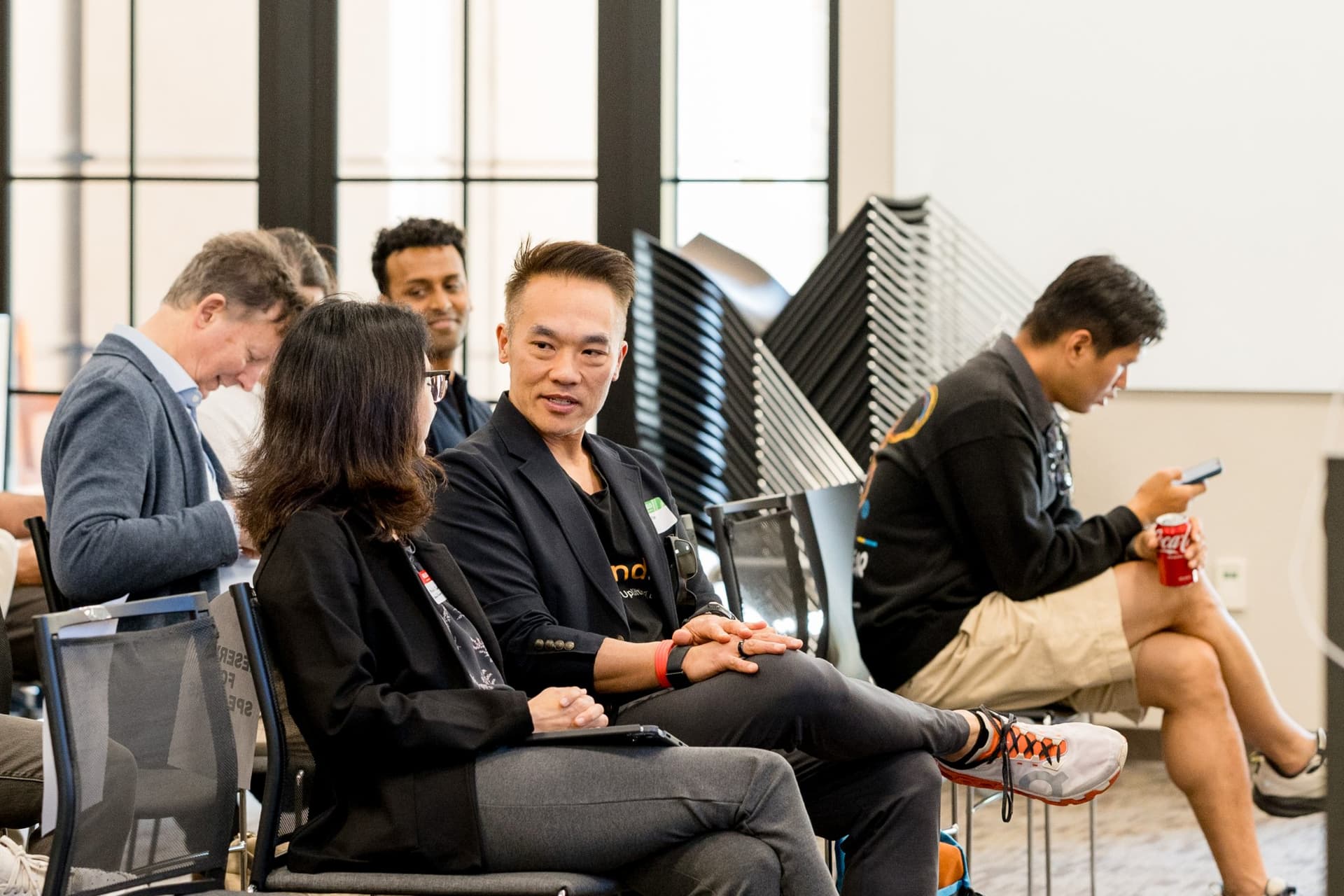 Founders and investors seated together during the panel at Care at a Distance: AI, Sensors, Robotics and the Future of Aging, SF Tech Week 2026 at EVGR, Stanford University by JY Studio