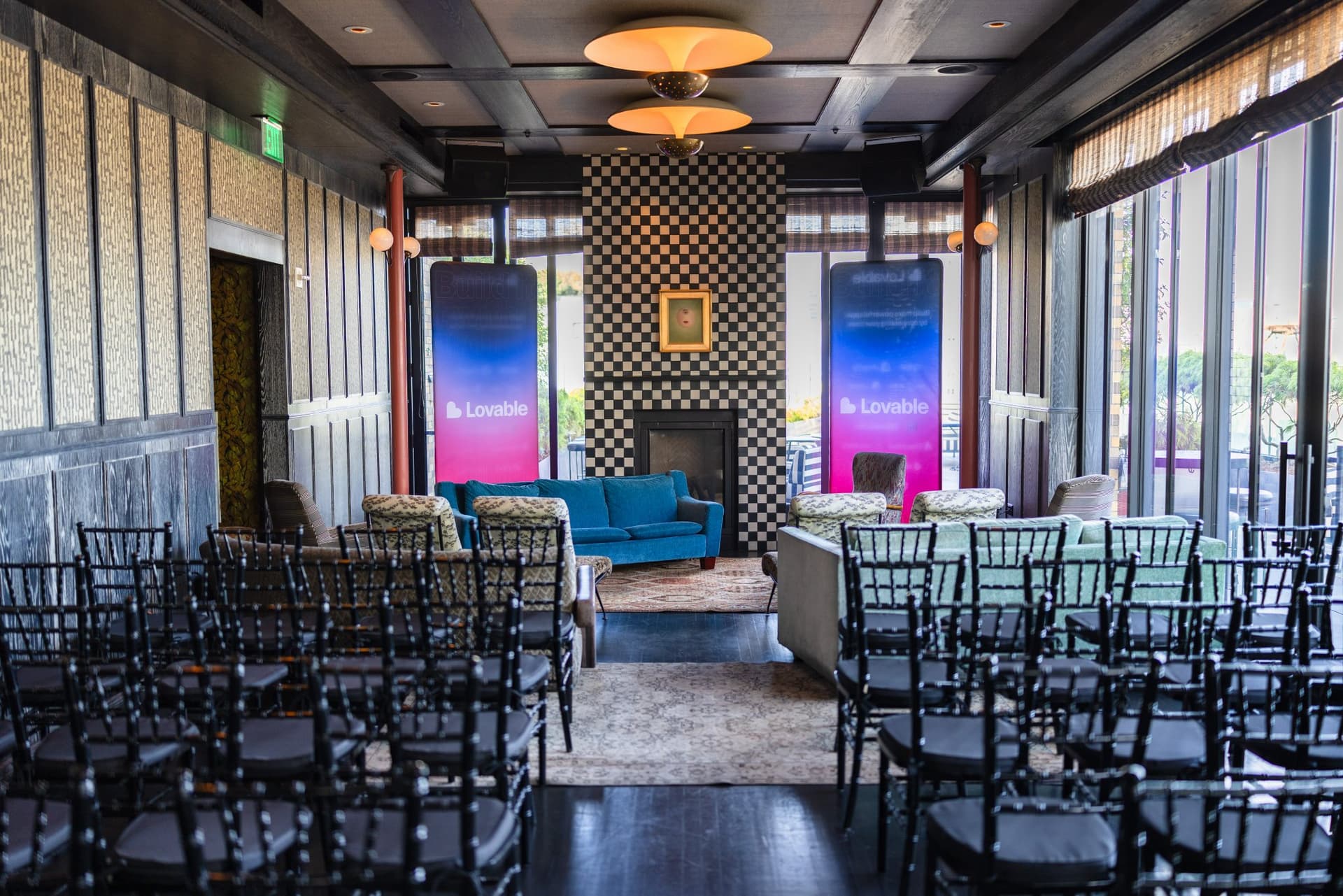 Rows of chairs set up for the panel discussion before guests arrive at Lovable's When Everyone Can Build panel in San Francisco by JY Studio