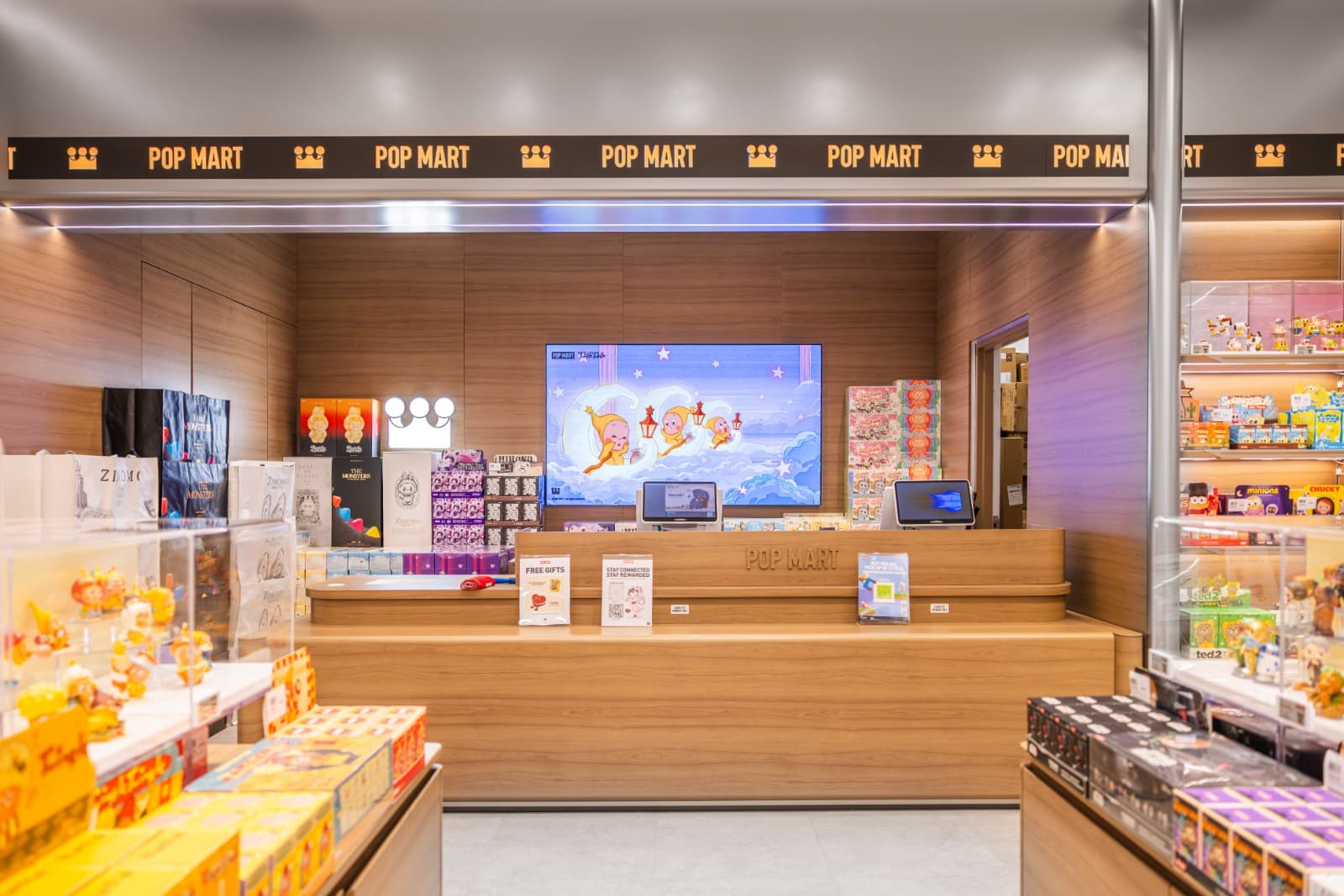 Pop Mart designer toy display and collectible showcase at Hillsdale Mall opening in San Mateo by JY Studio