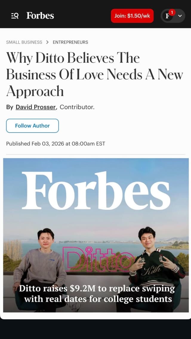 Forbes article showcasing JY Studio professional corporate headshots for Ditto AI startup team in San Francisco Bay Area